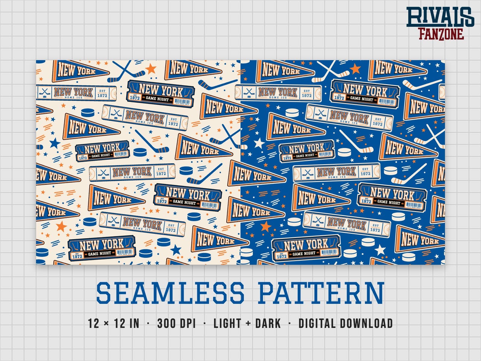 New York Hockey Seamless Pattern (Royal & Orange) – 12x12 Digital Paper, Light & Dark — preview 1