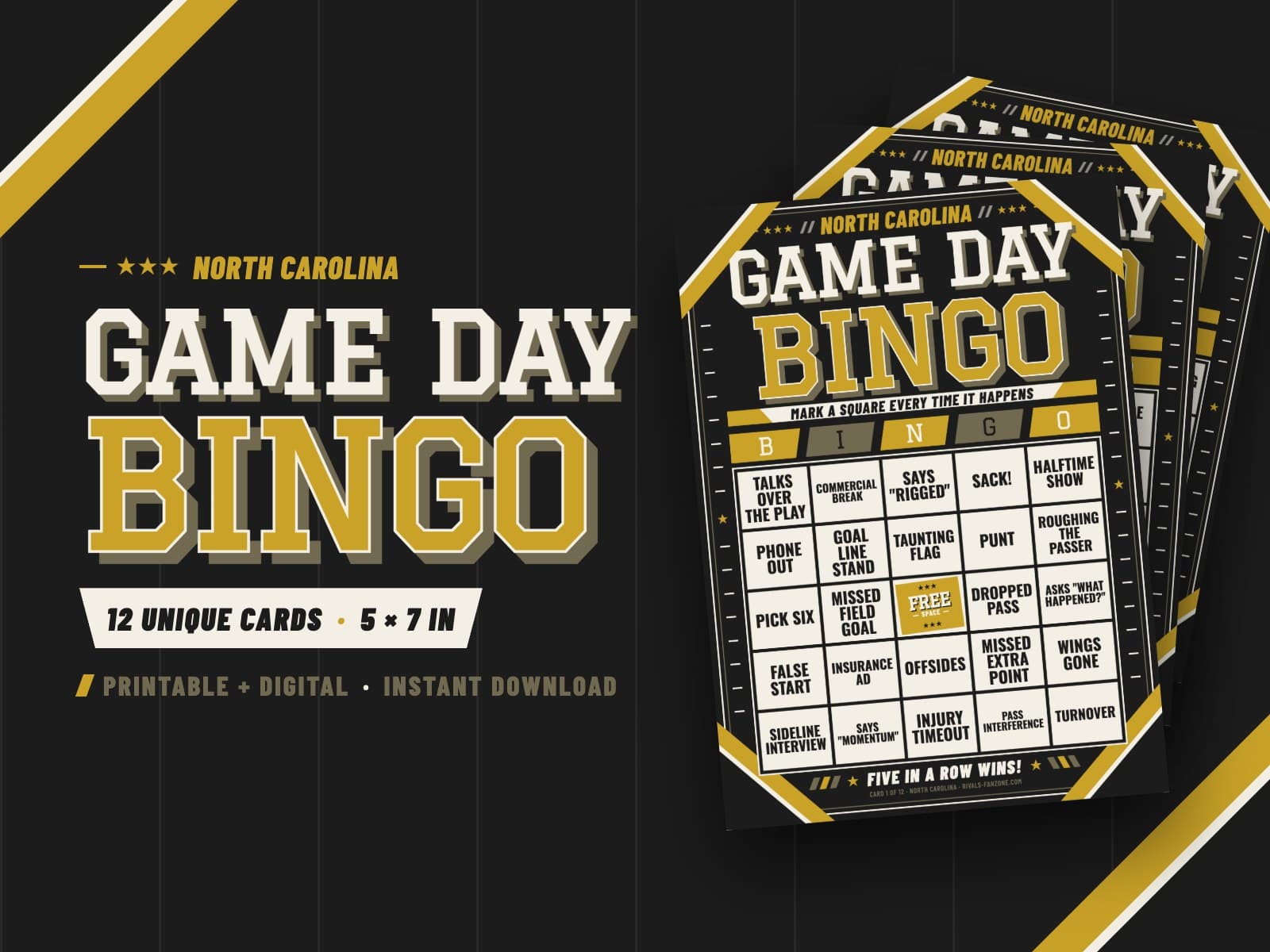 North Carolina Football Bingo (Old Gold & Black) – 12 Card Pack — preview 1