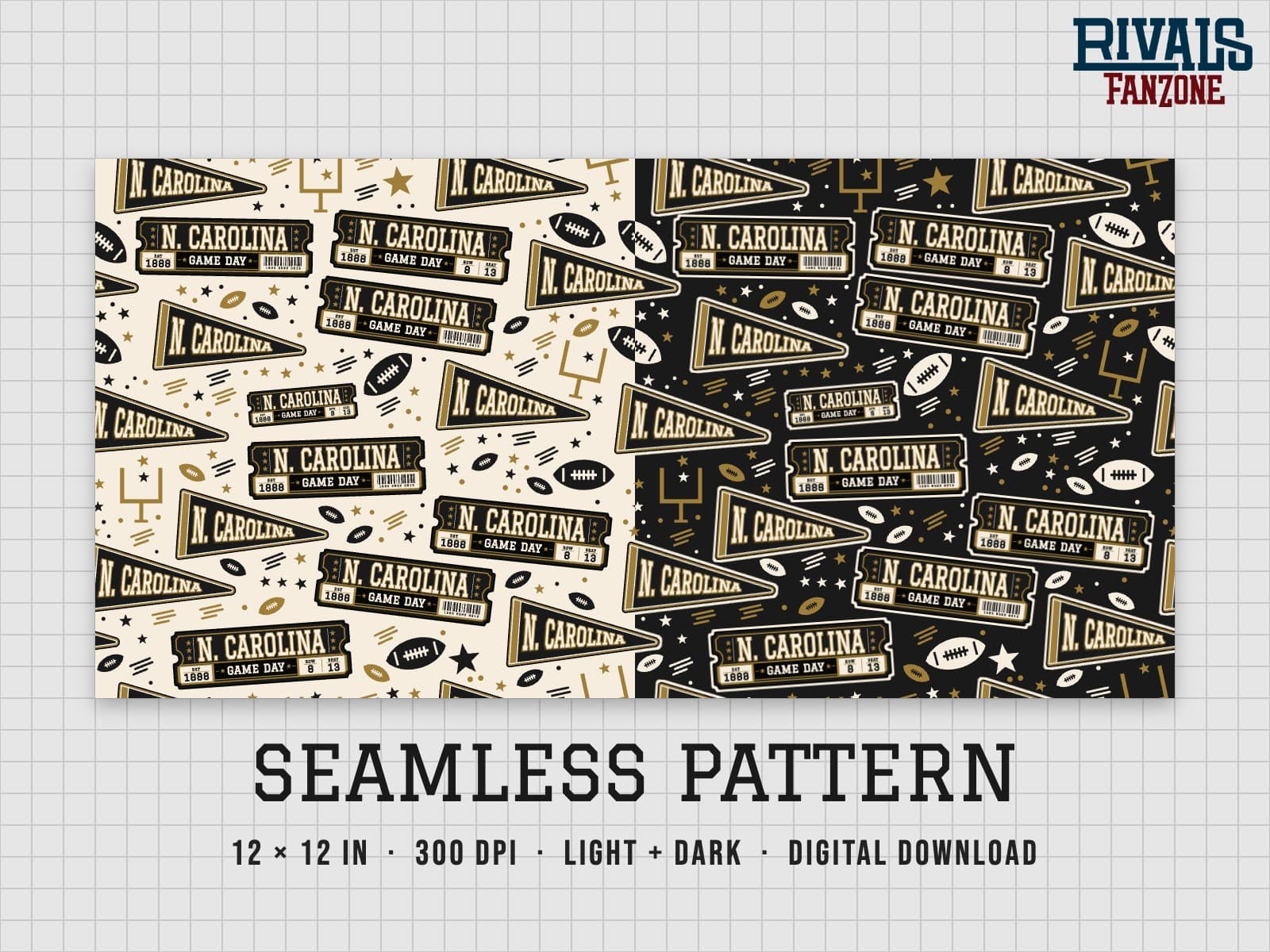 North Carolina Football Seamless Pattern (Old Gold & Black) – 12x12 Digital Paper, Light & Dark — preview 1