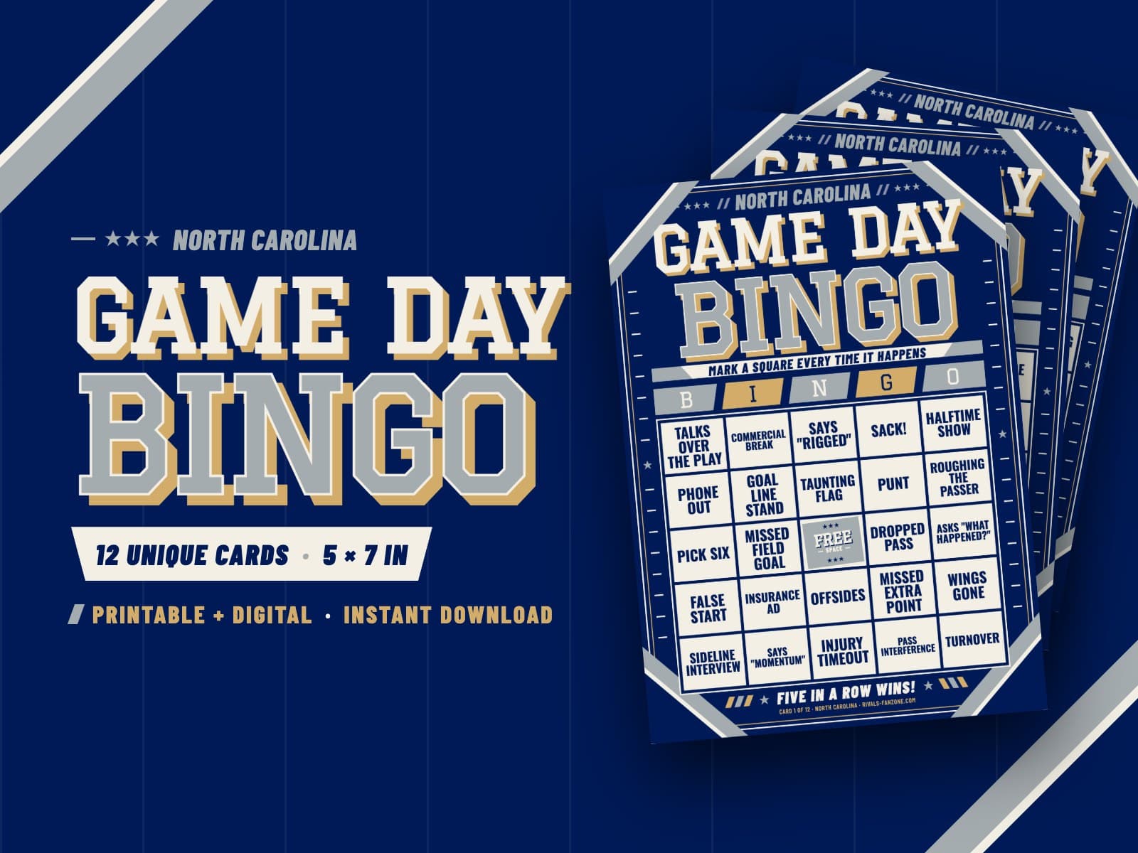 North Carolina Football Bingo (Royal Blue & Silver) – 12 Card Pack — preview 1