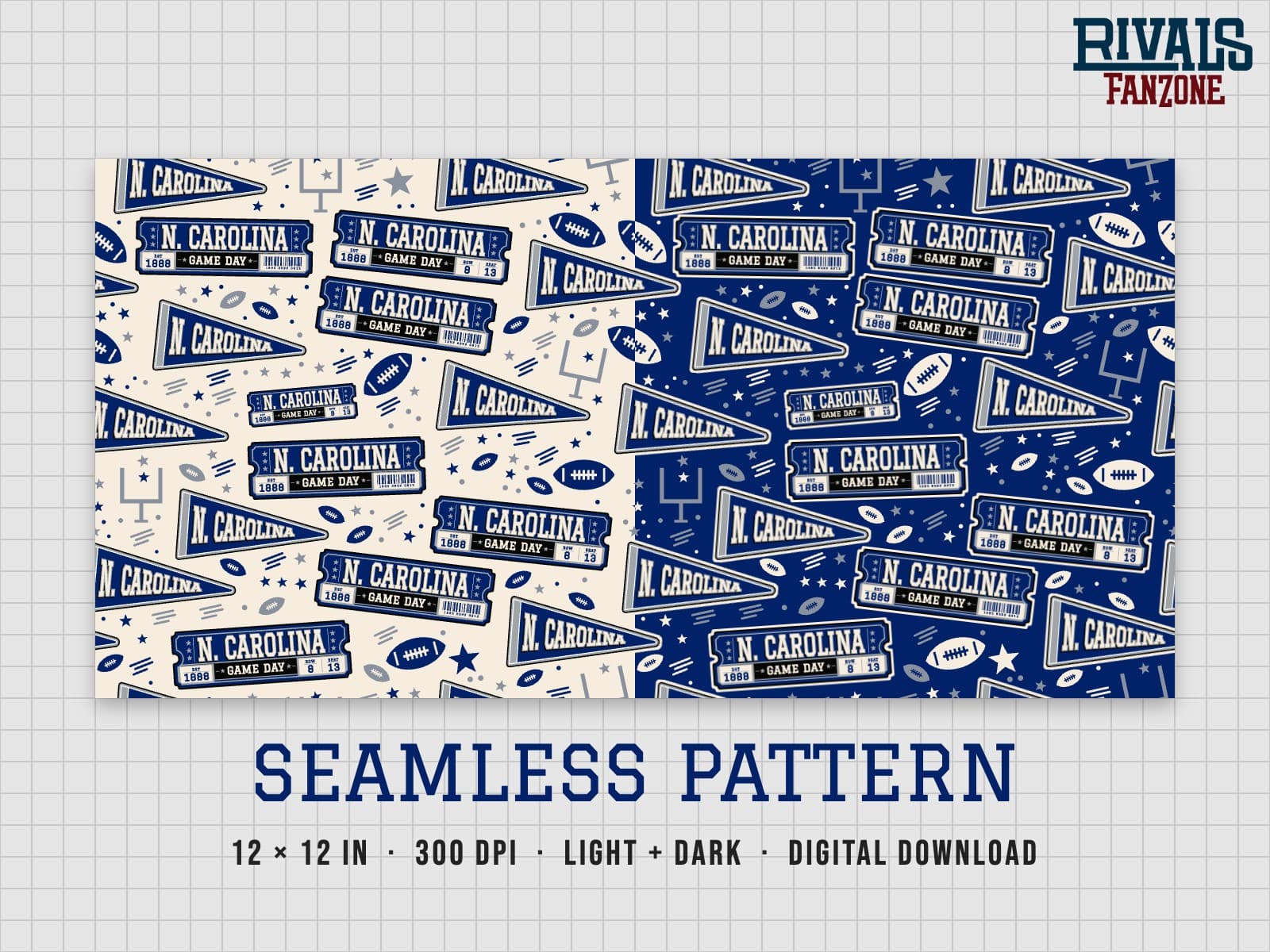 North Carolina Football Seamless Pattern (Royal Blue & Silver) – 12x12 Digital Paper, Light & Dark — preview 1