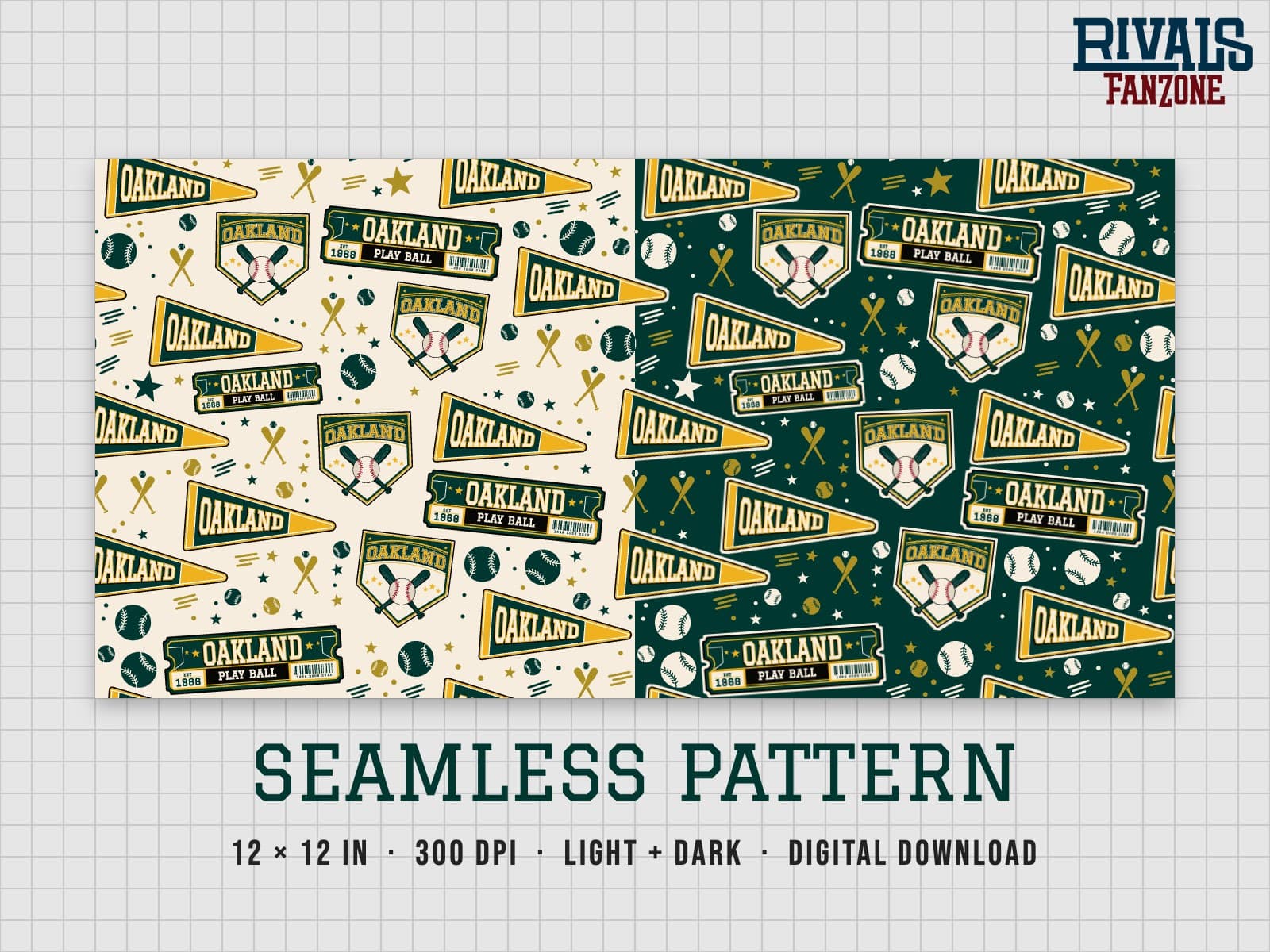 Oakland Baseball Seamless Pattern – 12x12 Digital Paper, Light & Dark — preview 1