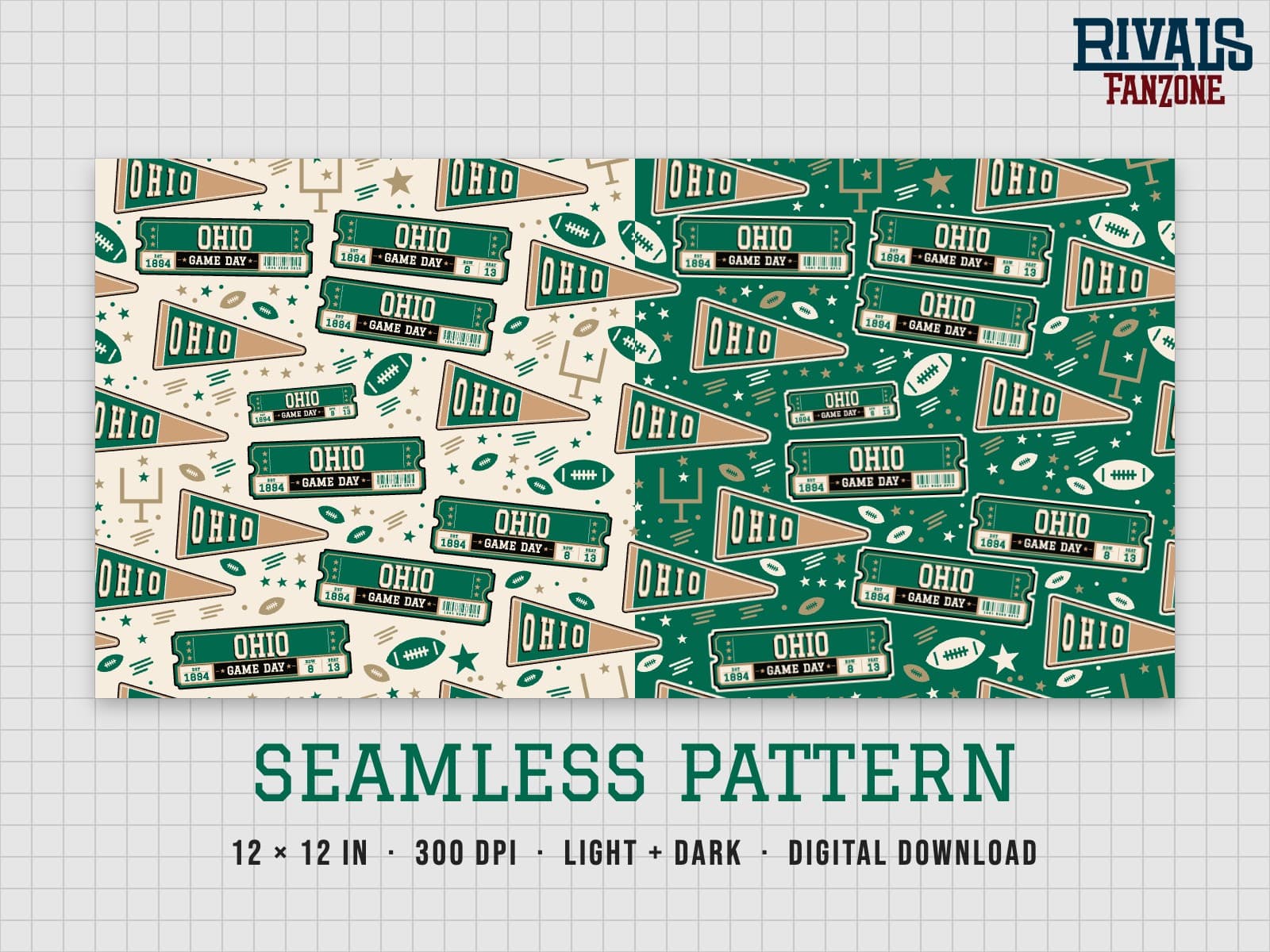 Ohio Football Seamless Pattern (Green & White) – 12x12 Digital Paper, Light & Dark — preview 1