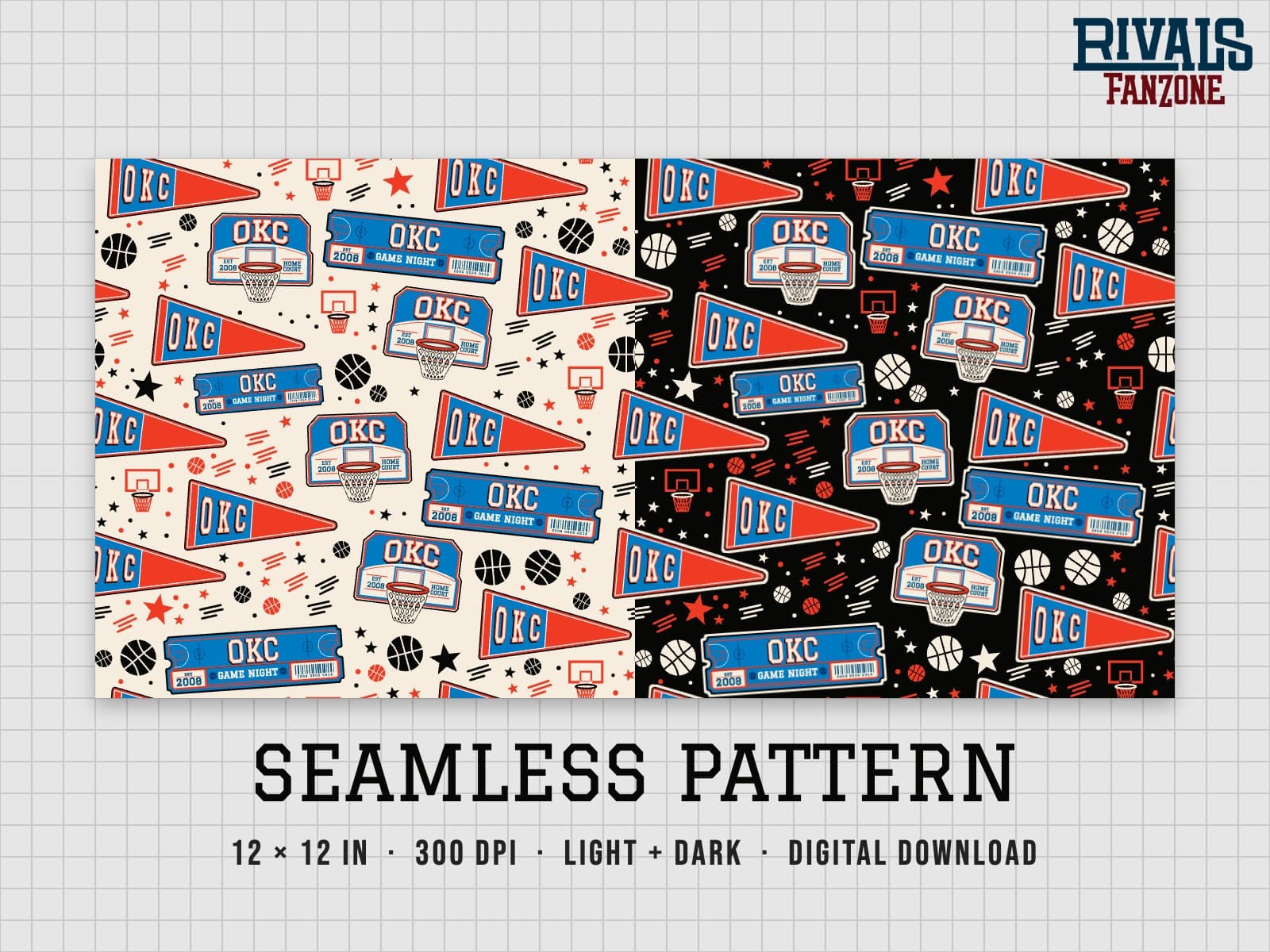 Oklahoma City Basketball Seamless Pattern – 12x12 Digital Paper, Light & Dark — preview 1