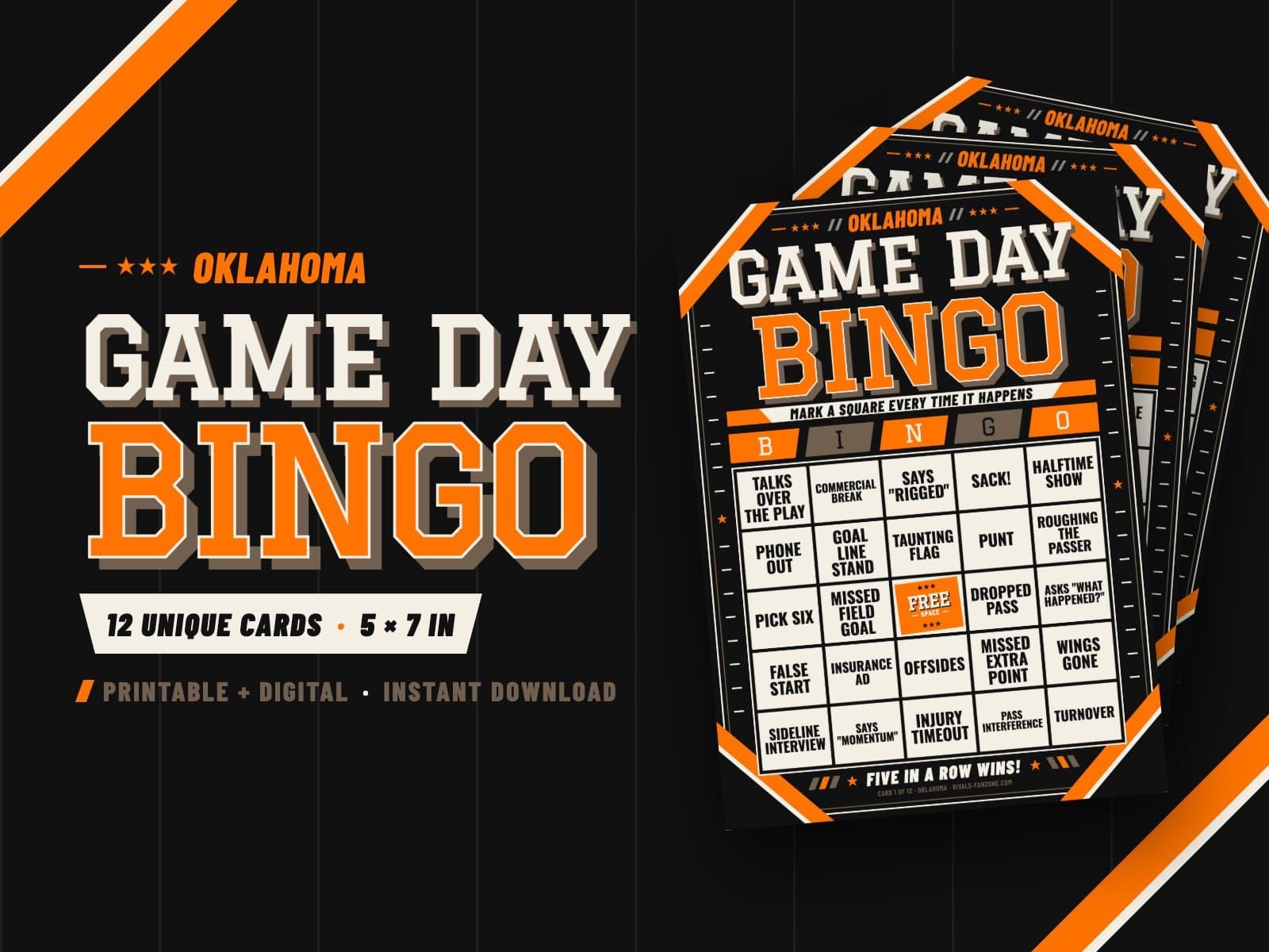 Oklahoma Football Bingo (Orange & Black) – 12 Card Pack — preview 1
