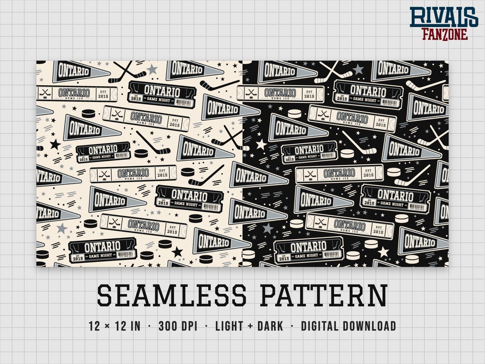 Ontario Farm Team Hockey Seamless Pattern – 12x12 Digital Paper, Light & Dark — preview 1
