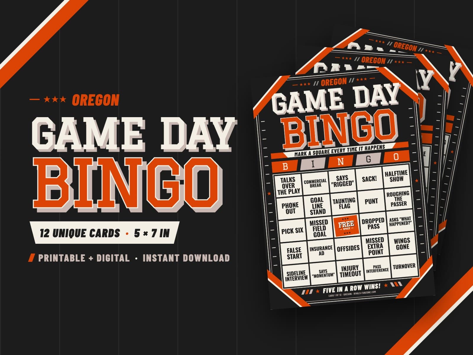 Oregon Football Bingo (Orange & Black) – 12 Card Pack — preview 1