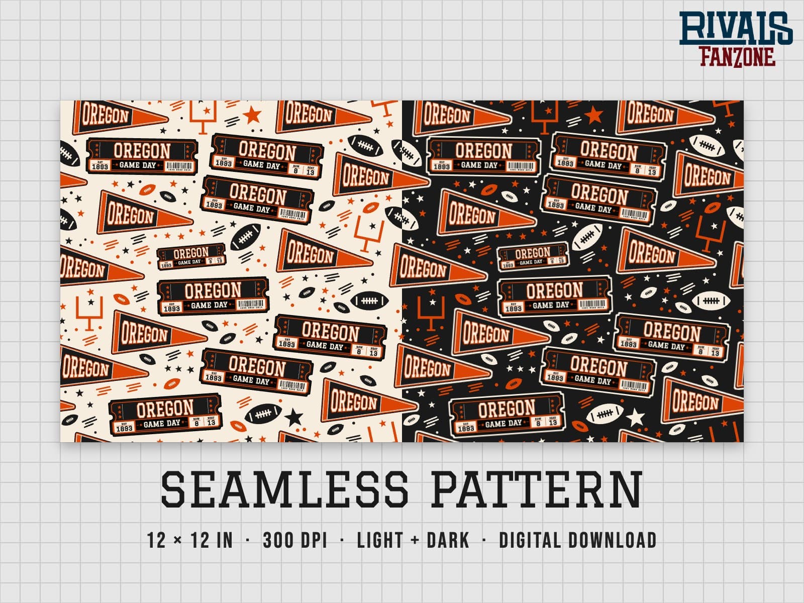 Oregon Football Seamless Pattern (Orange & Black) – 12x12 Digital Paper, Light & Dark — preview 1