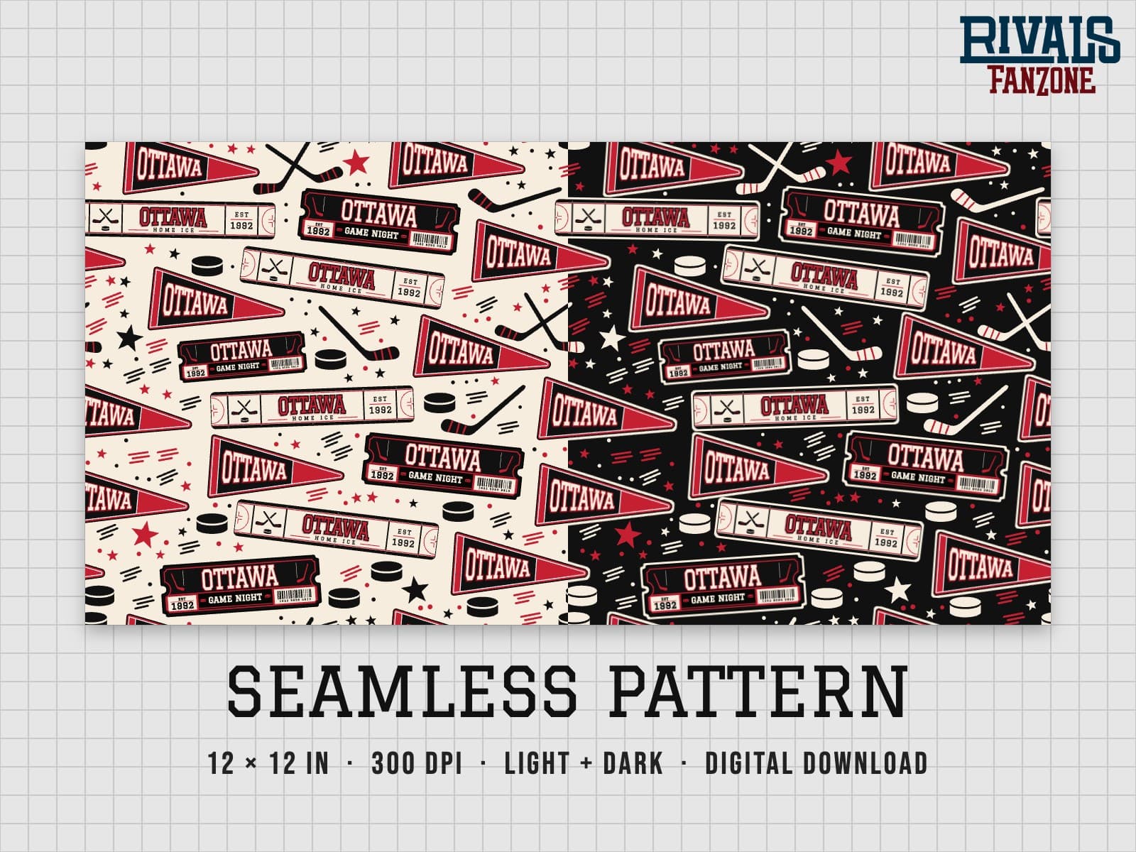 Ottawa Hockey Seamless Pattern – 12x12 Digital Paper, Light & Dark — preview 1