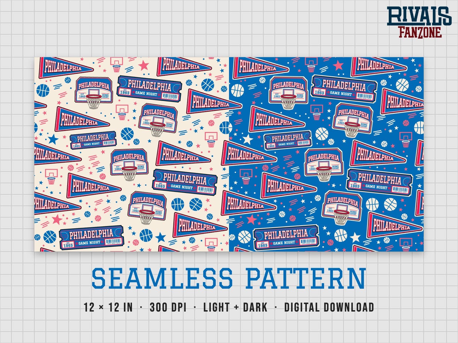 Philadelphia Basketball Seamless Pattern – 12x12 Digital Paper, Light & Dark — preview 1