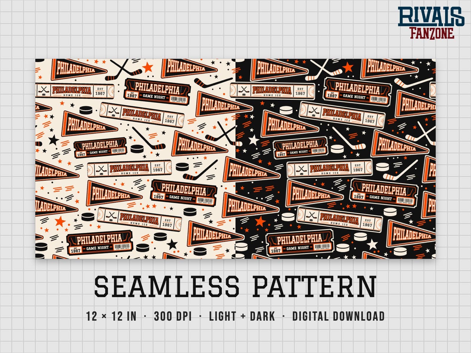 Philadelphia Hockey Seamless Pattern – 12x12 Digital Paper, Light & Dark — preview 1