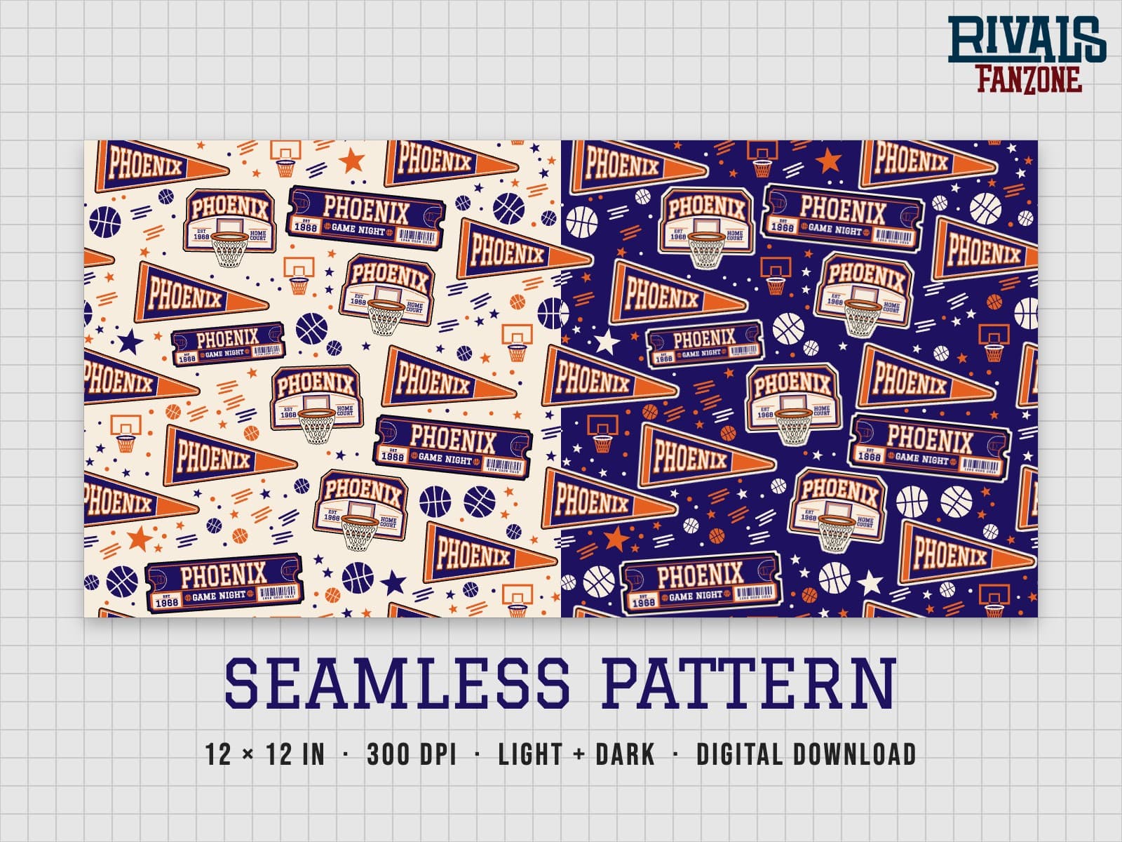 Phoenix Basketball Seamless Pattern – 12x12 Digital Paper, Light & Dark — preview 1