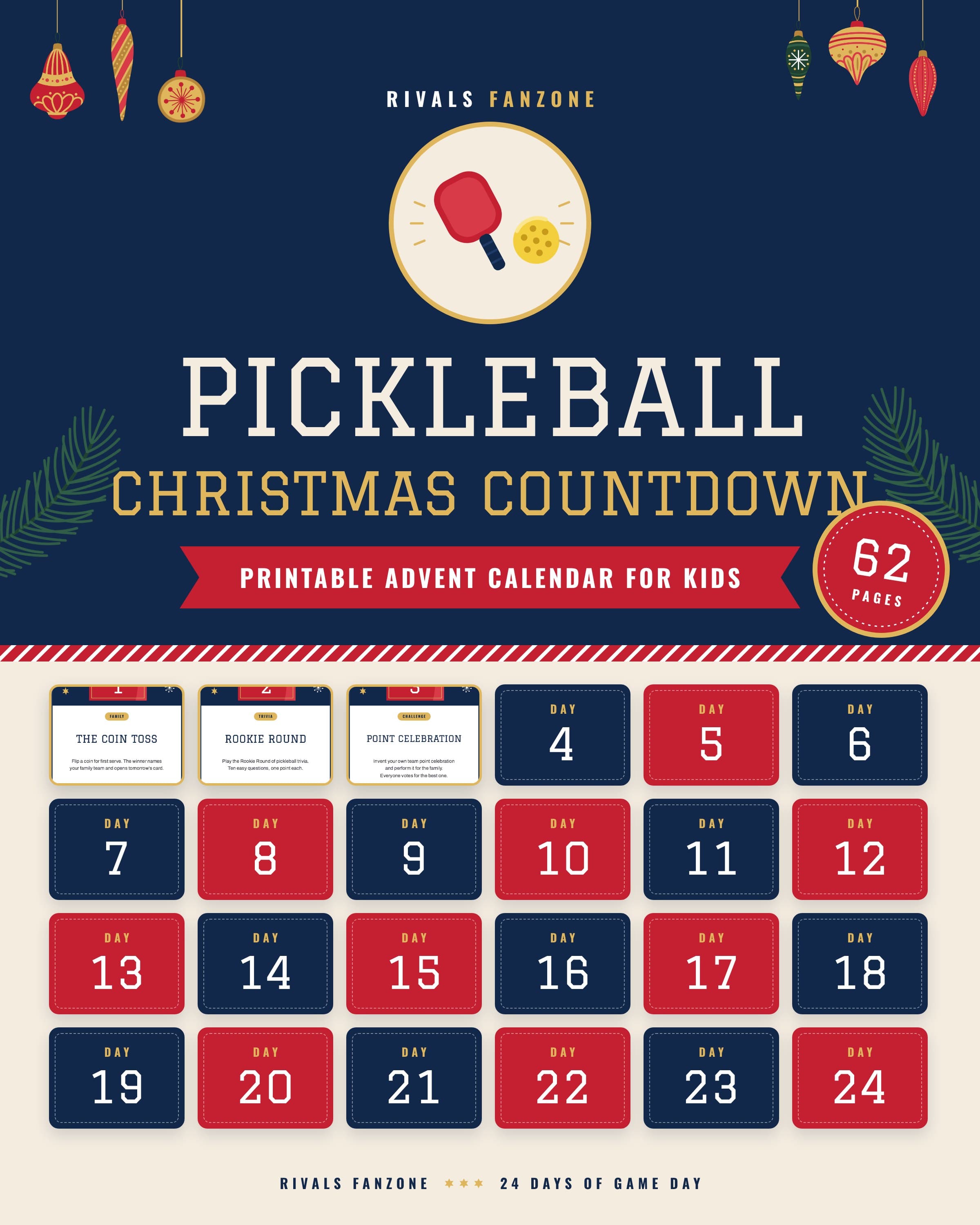 Pickleball Christmas countdown for kids, 24 Days of Game Day printable, 62 pages