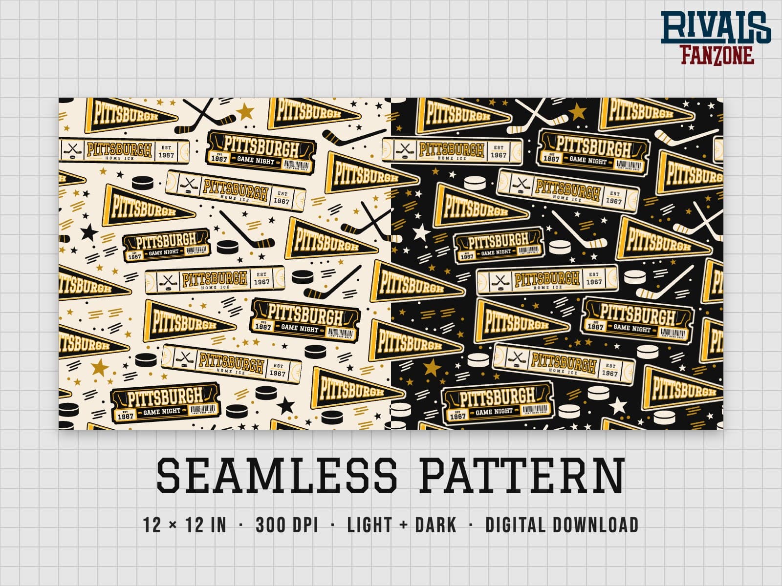 Pittsburgh Hockey Seamless Pattern – 12x12 Digital Paper, Light & Dark — preview 1
