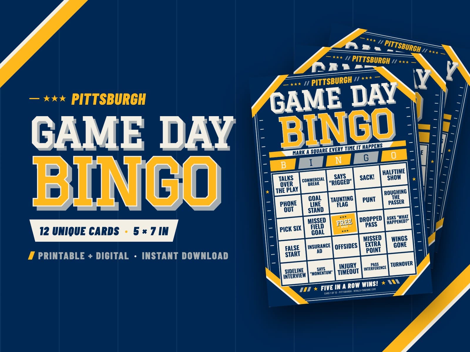 Pittsburgh Football Bingo (Navy & Gold) – 12 Card Pack — preview 1
