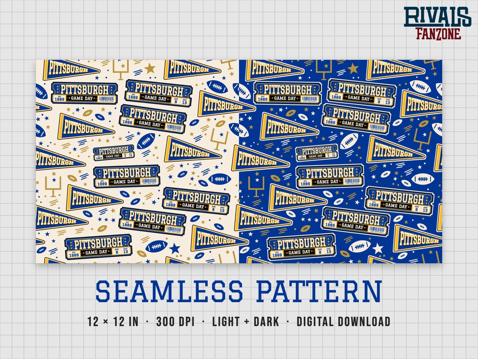 Pittsburgh Football Seamless Pattern (Blue & Gold) – 12x12 Digital Paper, Light & Dark — preview 1