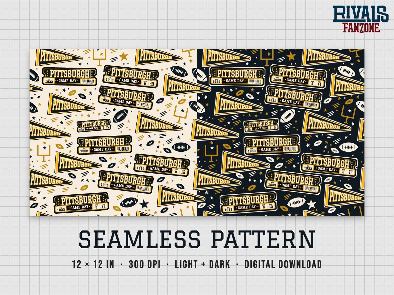 Pittsburgh Football Seamless Pattern – 12x12 Digital Paper, Light & Dark — preview 1