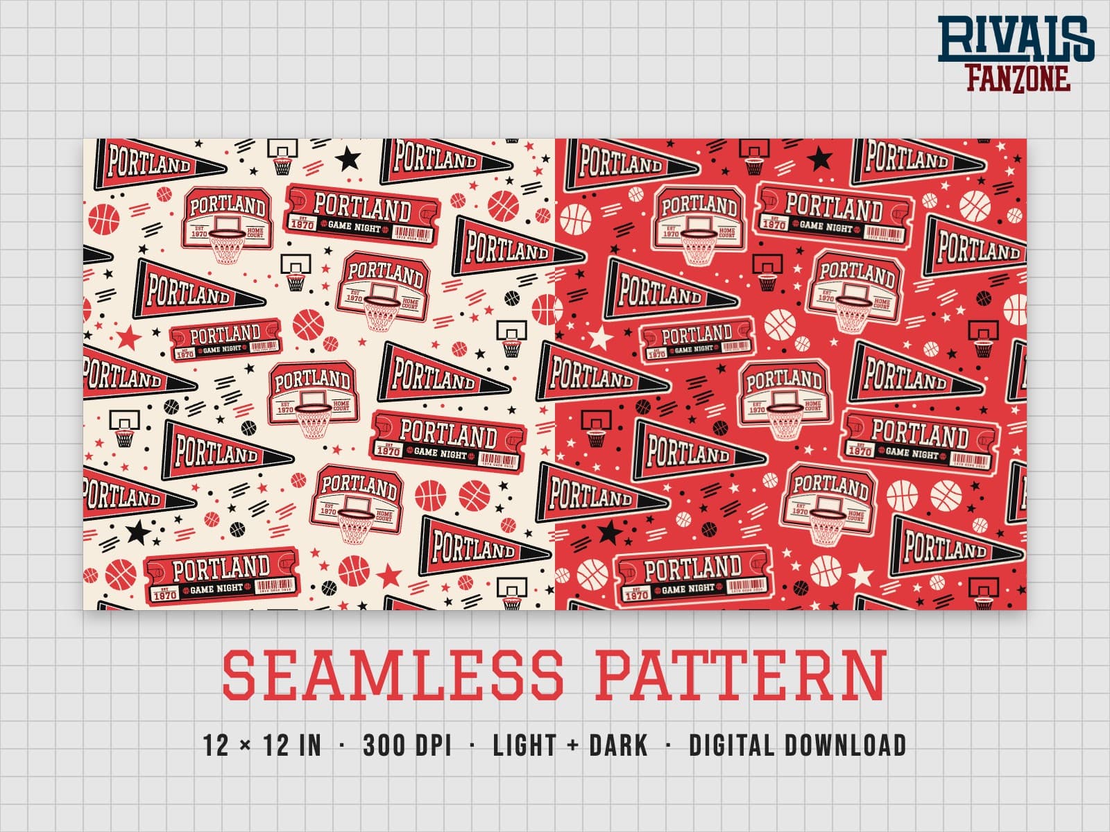 Portland Basketball Seamless Pattern – 12x12 Digital Paper, Light & Dark — preview 1