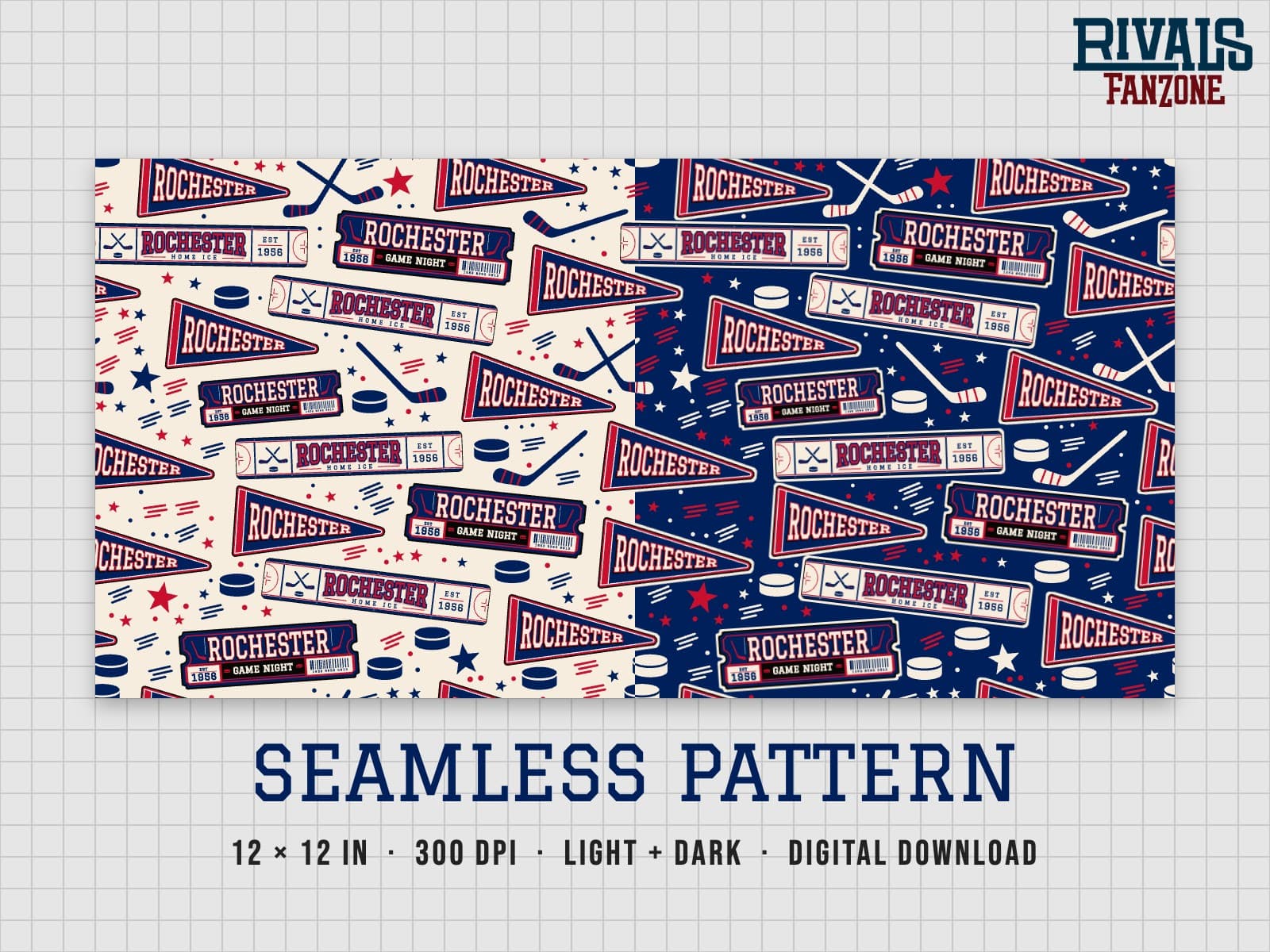 Rochester Farm Team Hockey Seamless Pattern – 12x12 Digital Paper, Light & Dark — preview 1