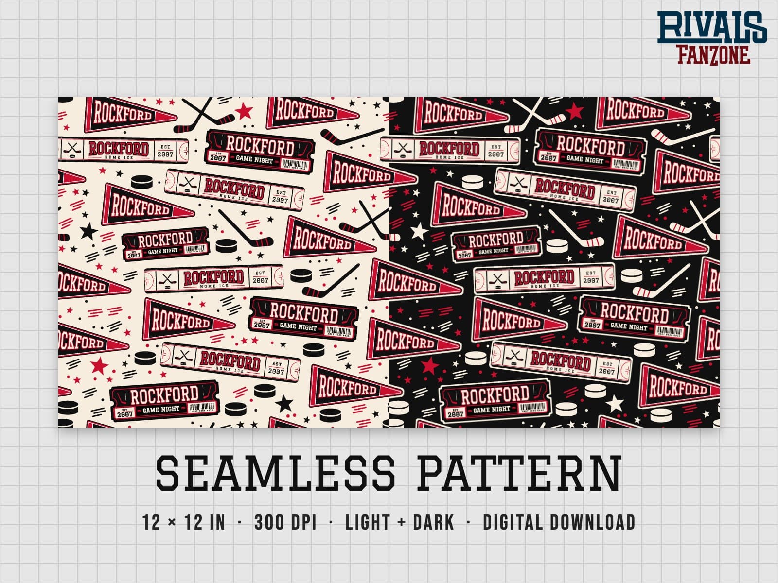 Rockford Farm Team Hockey Seamless Pattern – 12x12 Digital Paper, Light & Dark — preview 1