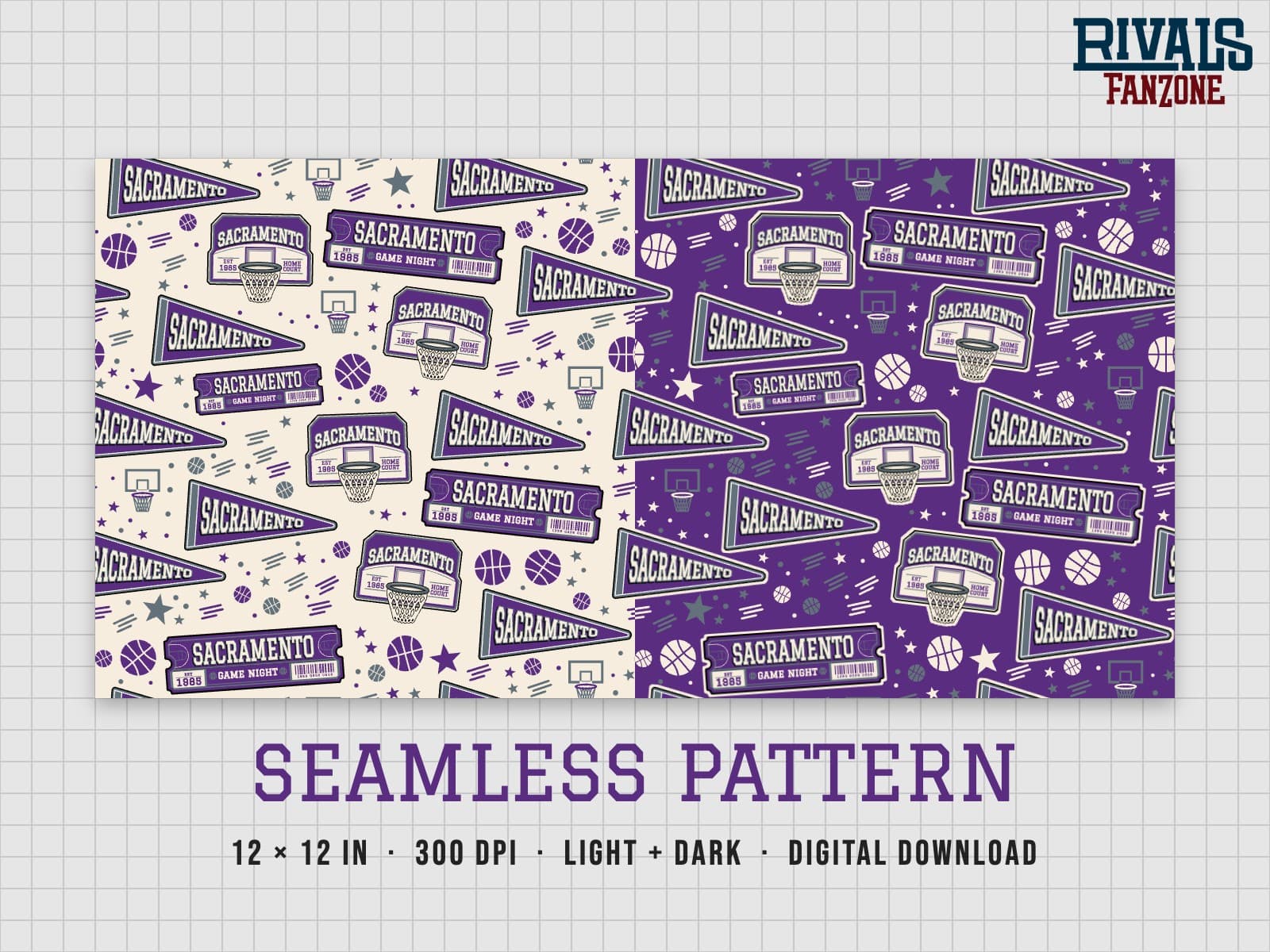 Sacramento Basketball Seamless Pattern – 12x12 Digital Paper, Light & Dark — preview 1