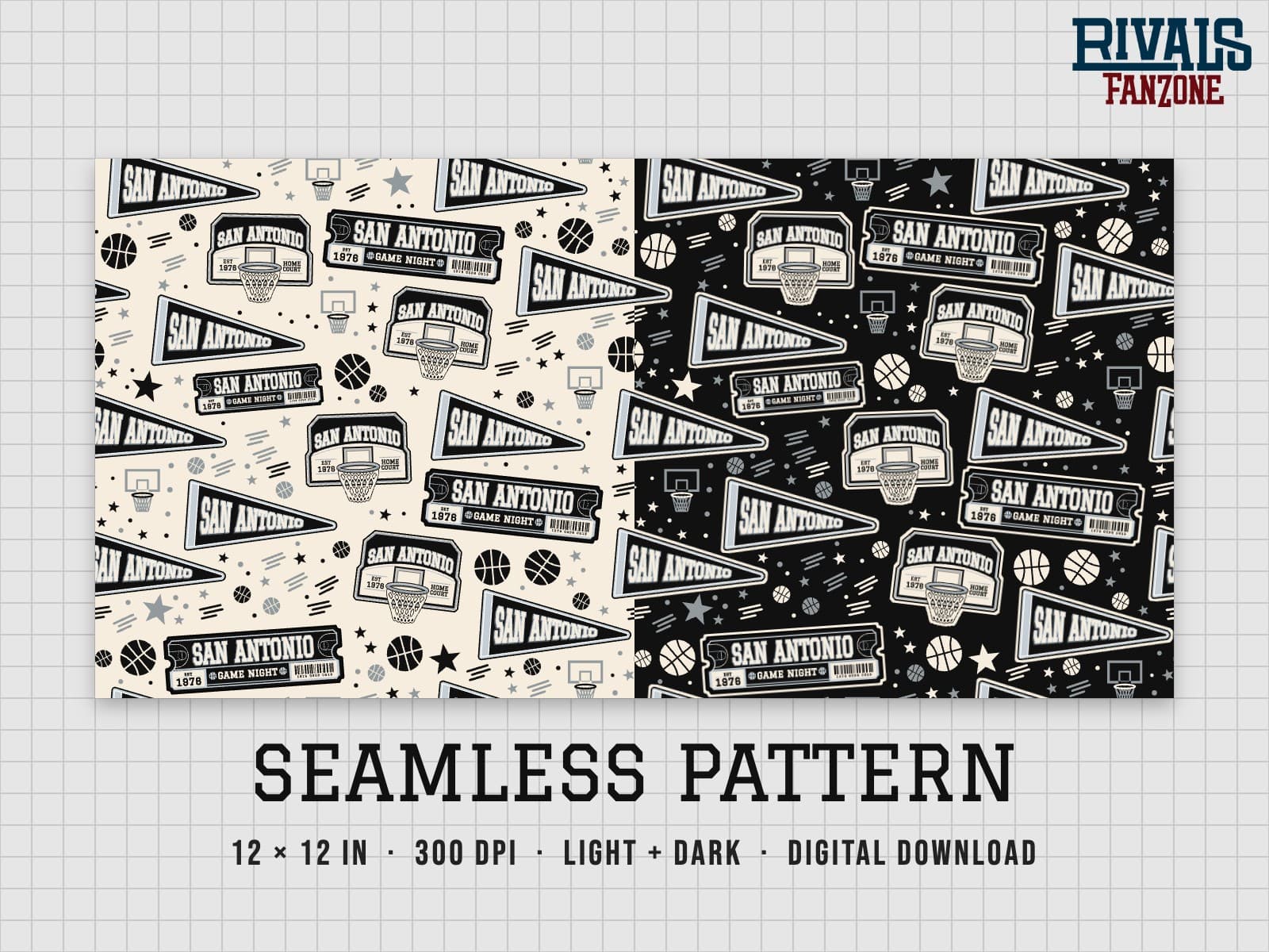 San Antonio Basketball Seamless Pattern – 12x12 Digital Paper, Light & Dark — preview 1