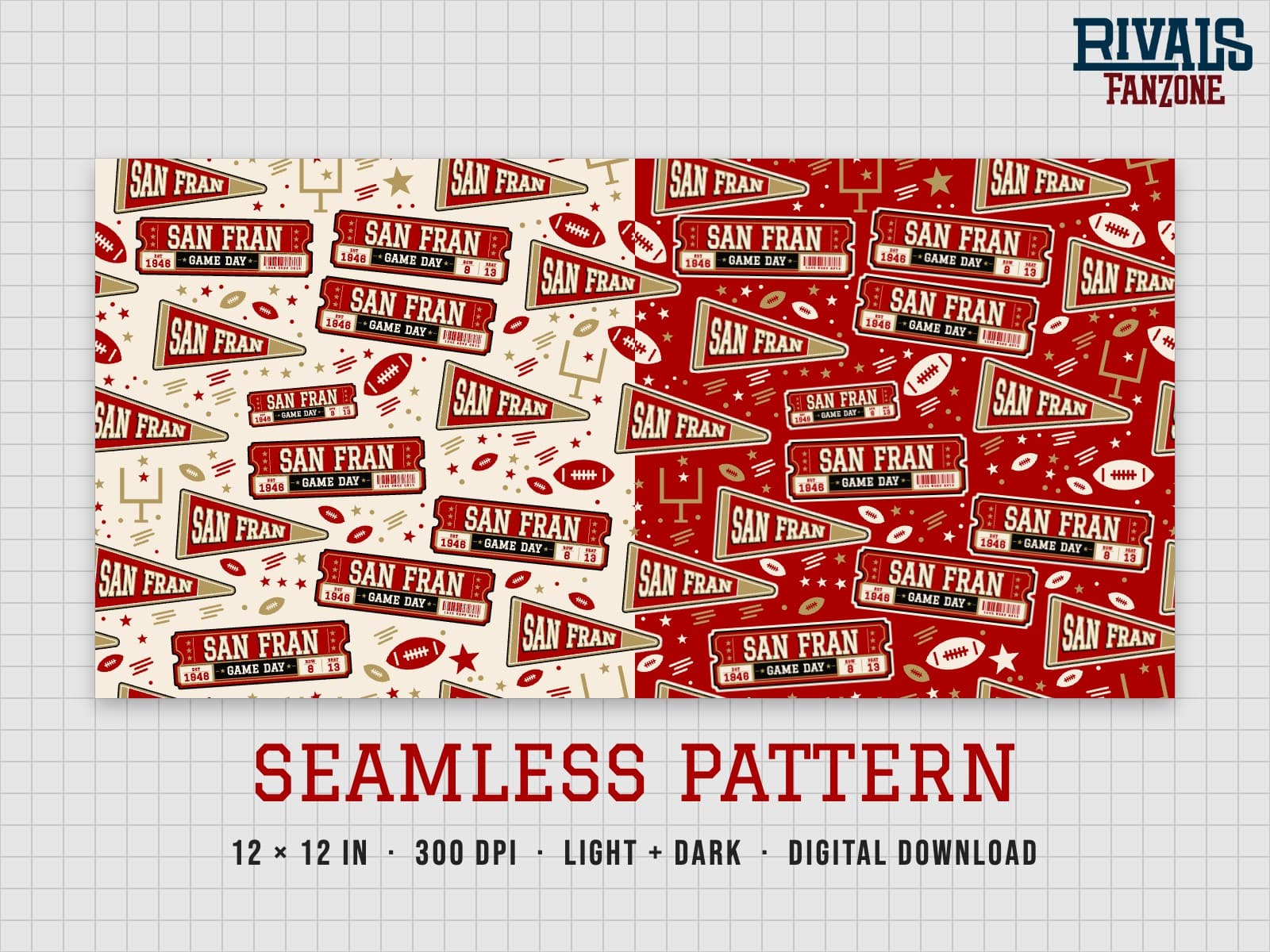 San Francisco Football Seamless Pattern – 12x12 Digital Paper, Light & Dark — preview 1