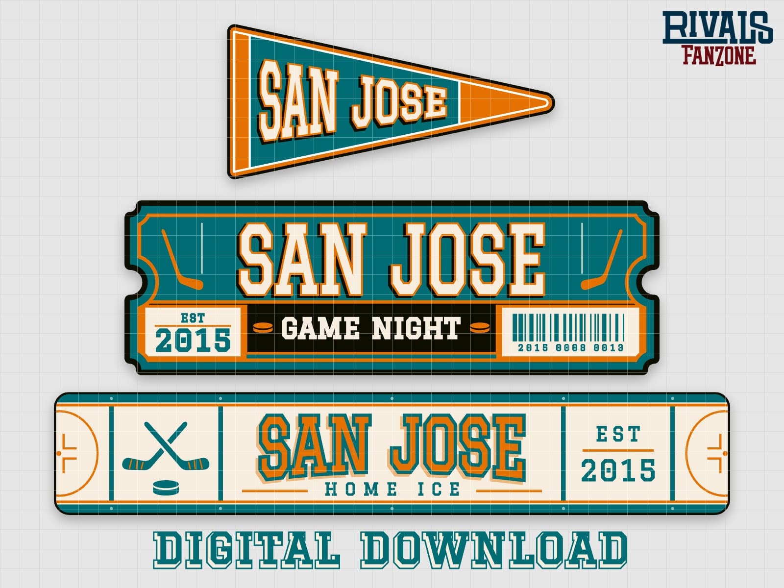 San Jose Farm Team Hockey Pennant, Ticket & Rink Sign SVG (Teal & Orange) – Cricut Cut Files — preview 1