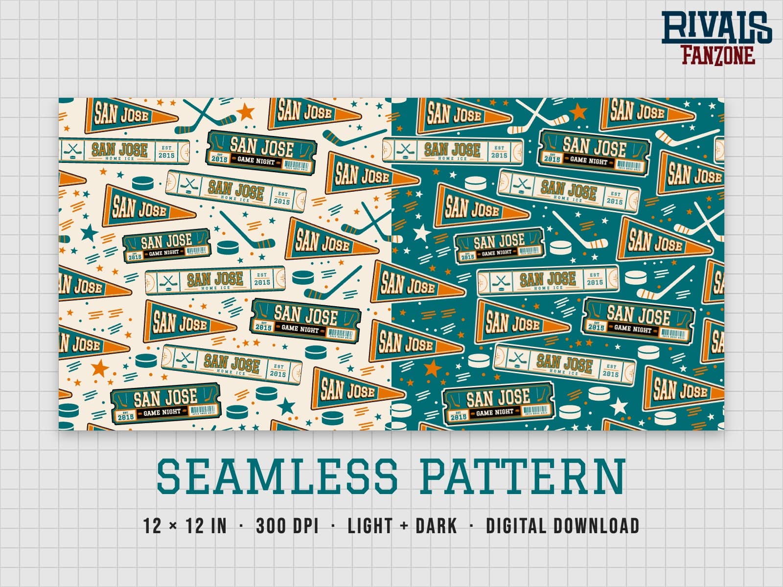 San Jose Farm Team Hockey Seamless Pattern (Teal & Orange) – 12x12 Digital Paper, Light & Dark — preview 1