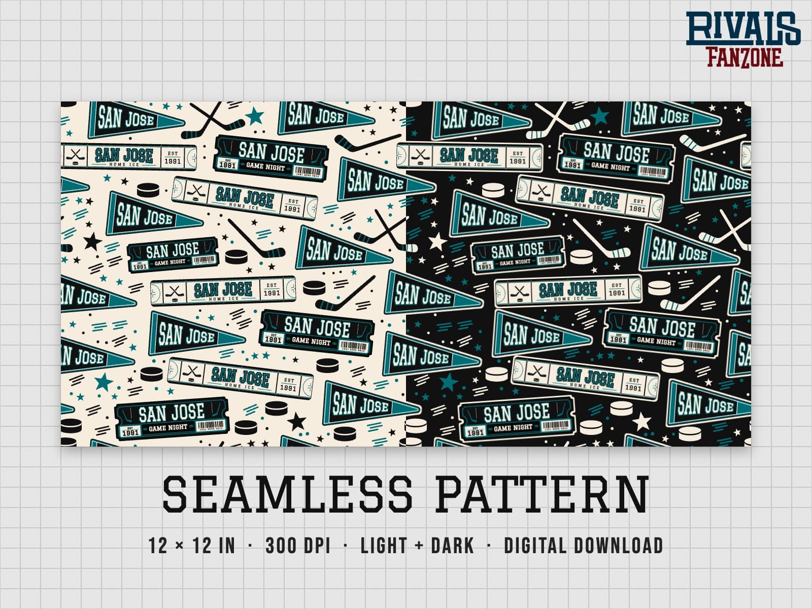 San Jose Hockey Seamless Pattern – 12x12 Digital Paper, Light & Dark — preview 1