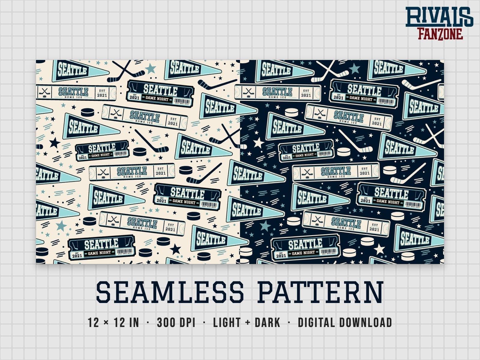 Seattle Hockey Seamless Pattern – 12x12 Digital Paper, Light & Dark — preview 1