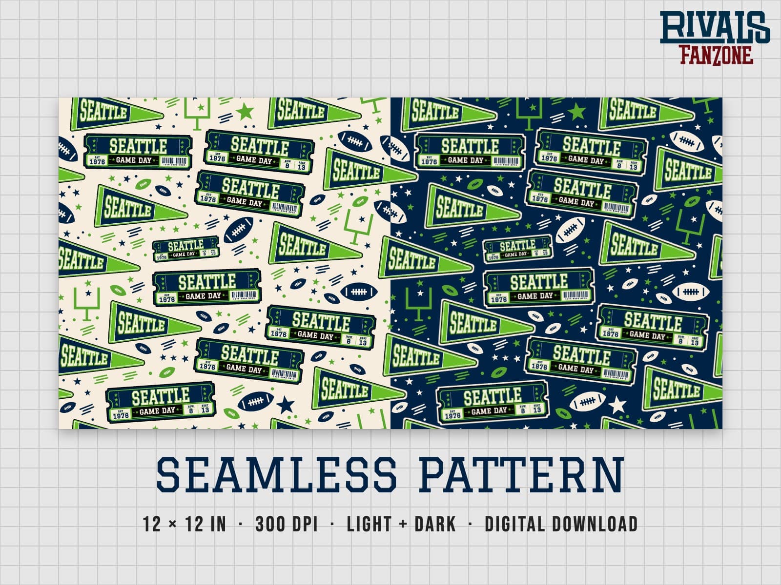 Seattle Football Seamless Pattern – 12x12 Digital Paper, Light & Dark — preview 1
