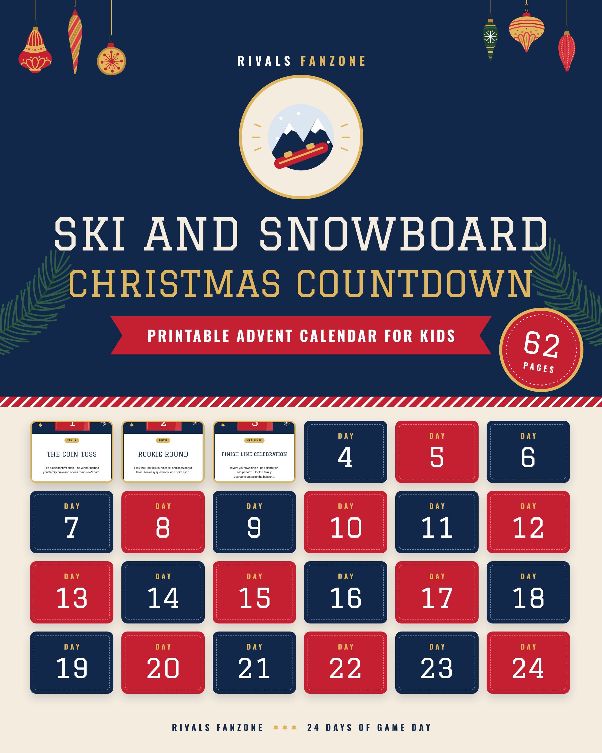 Ski and snowboard Christmas countdown for kids, 24 Days of Game Day printable, 62 pages