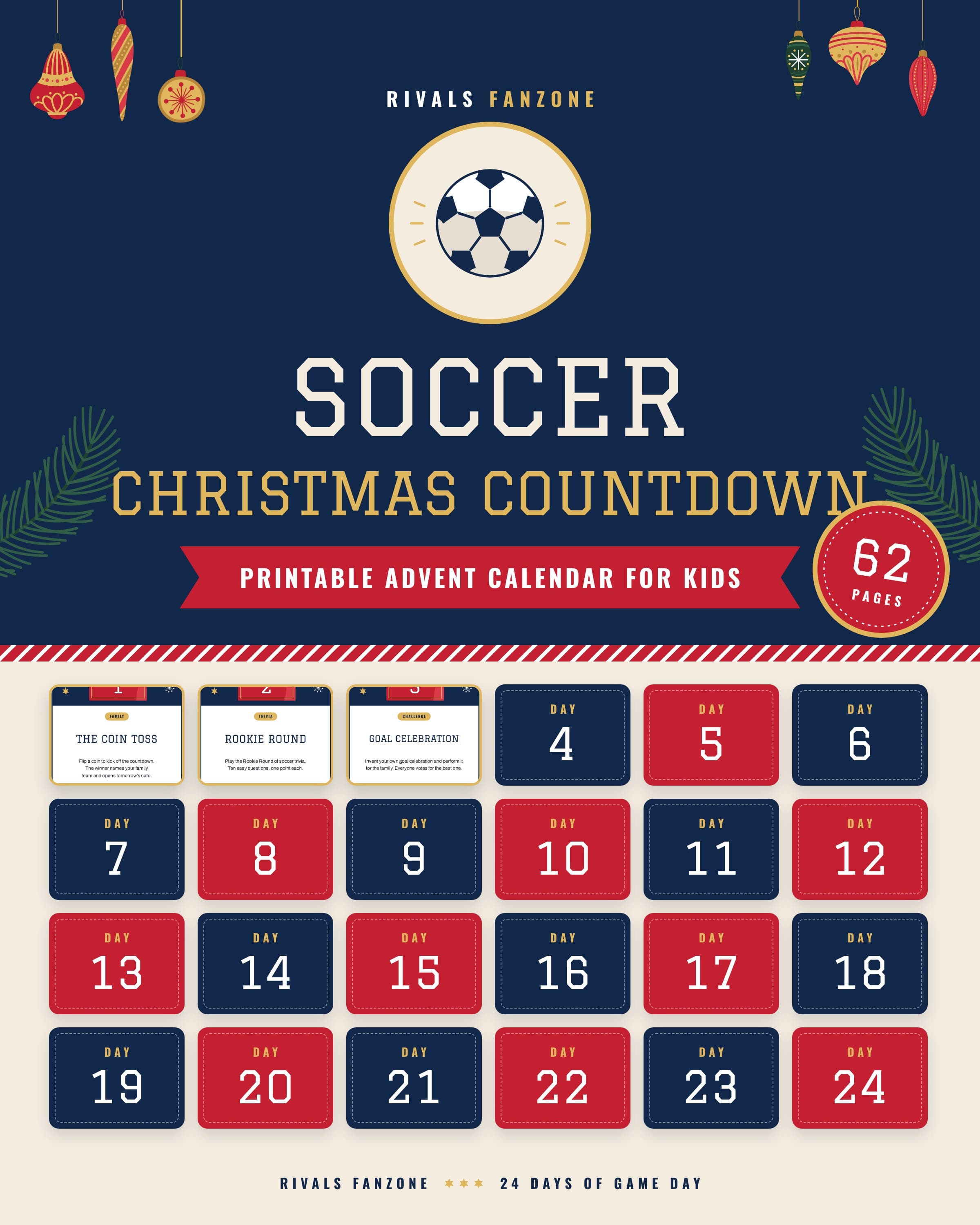 Soccer Christmas countdown for kids, 24 Days of Game Day printable, 62 pages