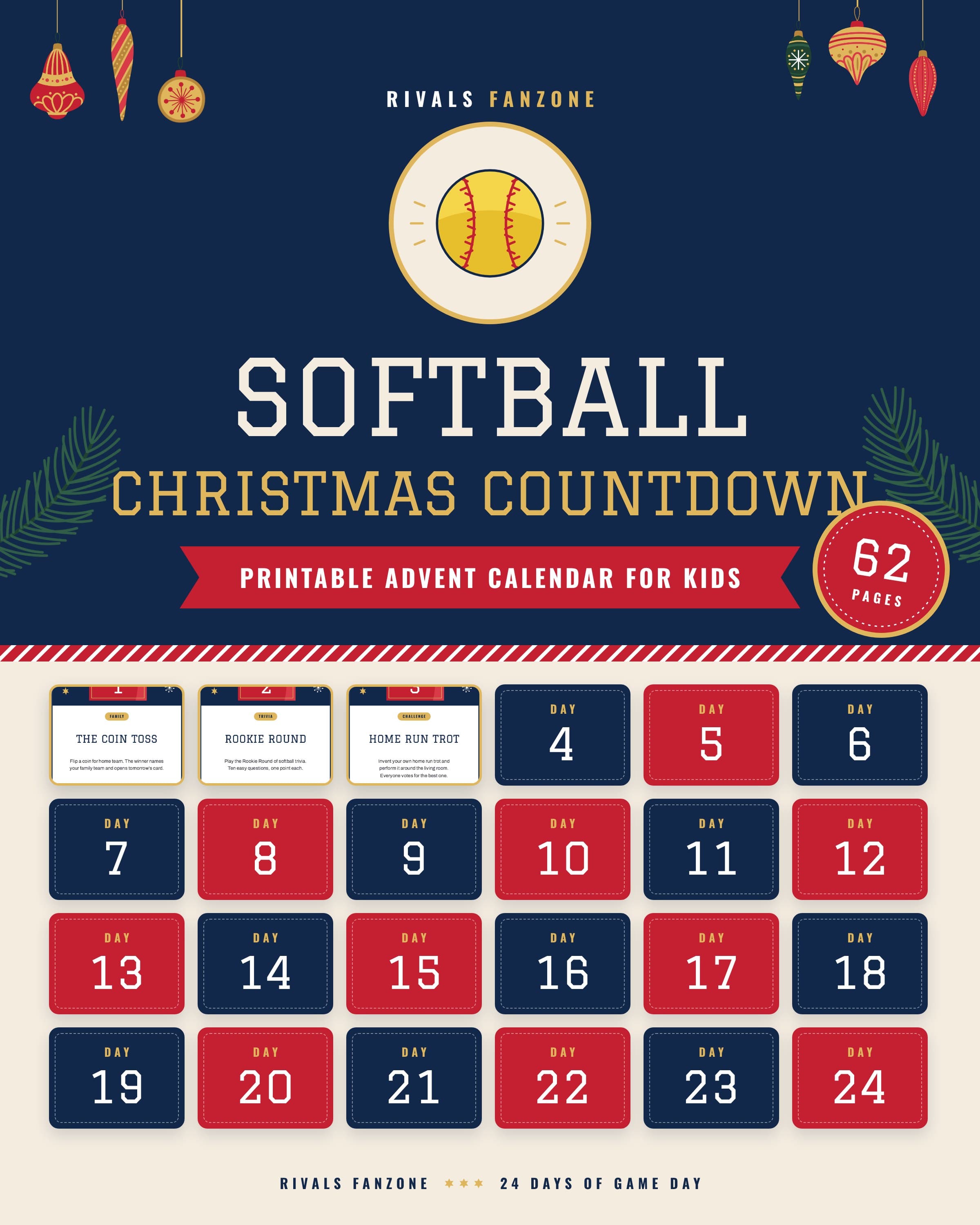 Softball Christmas countdown for kids, 24 Days of Game Day printable, 62 pages