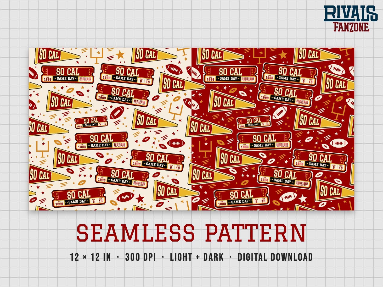 Southern California Football Seamless Pattern – 12x12 Digital Paper, Light & Dark — preview 1