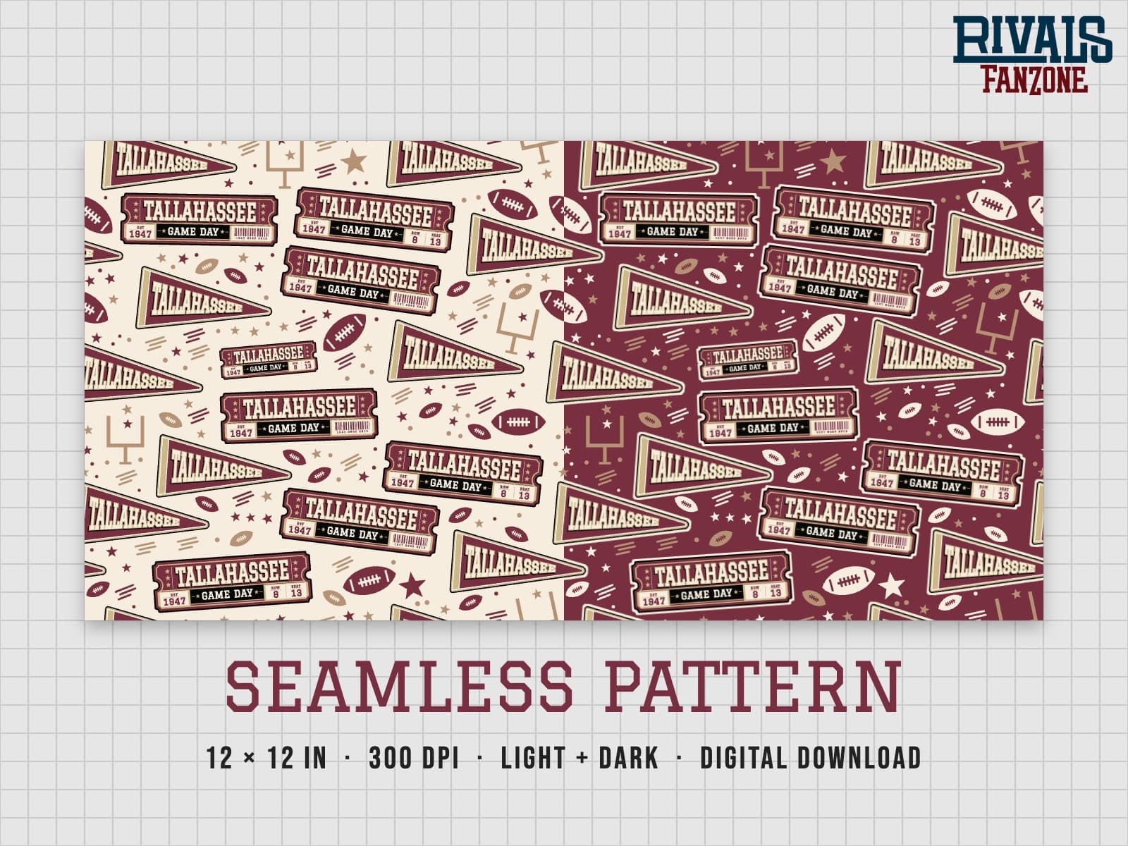 Tallahassee Football Seamless Pattern – 12x12 Digital Paper, Light & Dark — preview 1