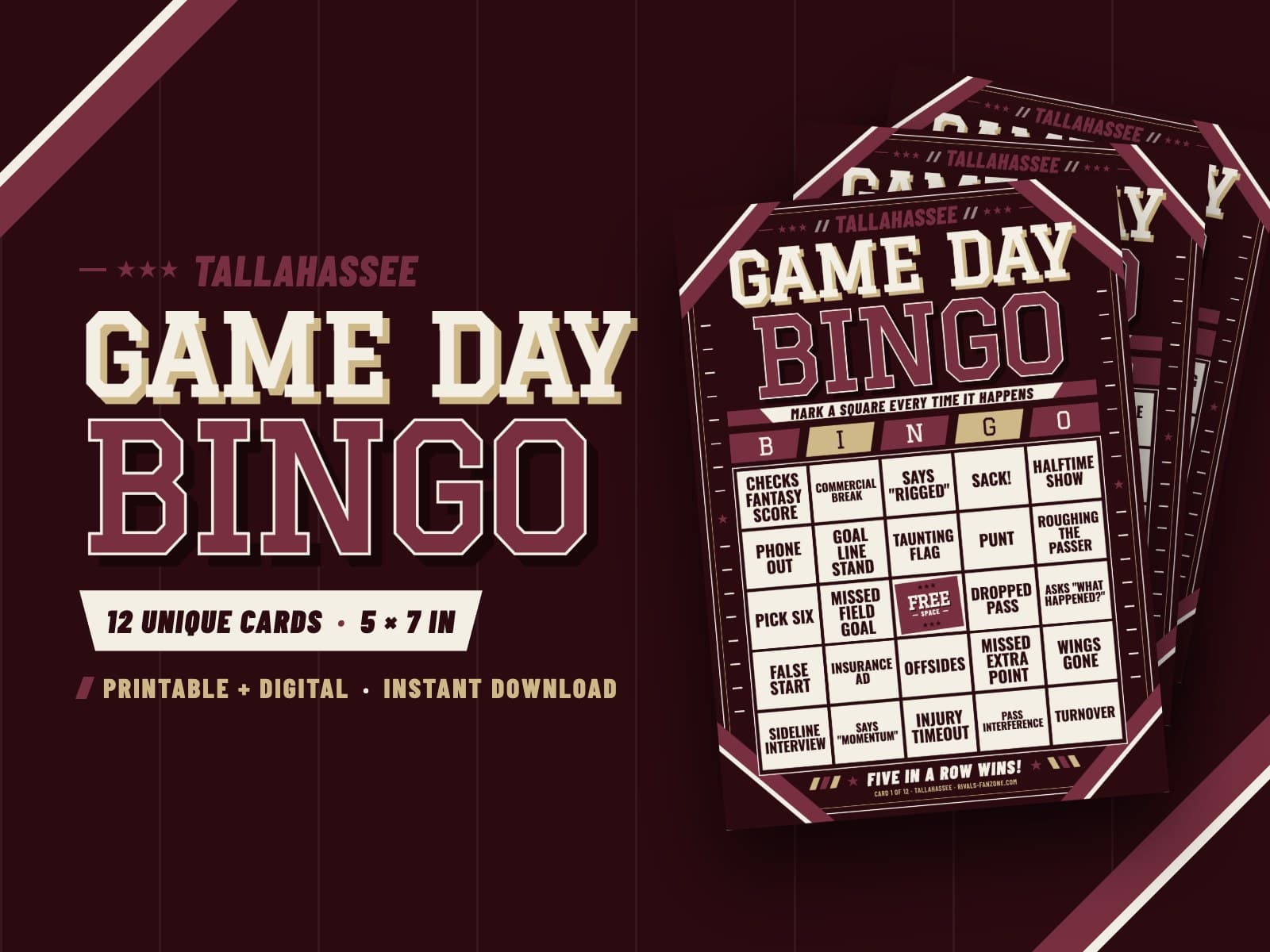 Tallahassee Game Day Bingo – 12 Card Pack — preview 1
