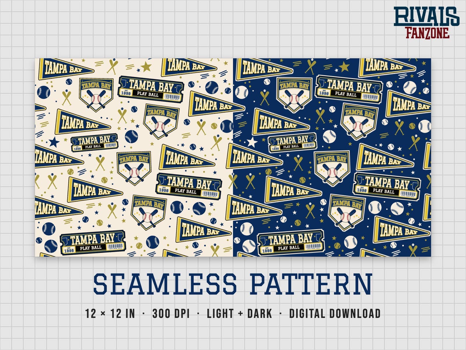 Tampa Bay Baseball Seamless Pattern – 12x12 Digital Paper, Light & Dark — preview 1
