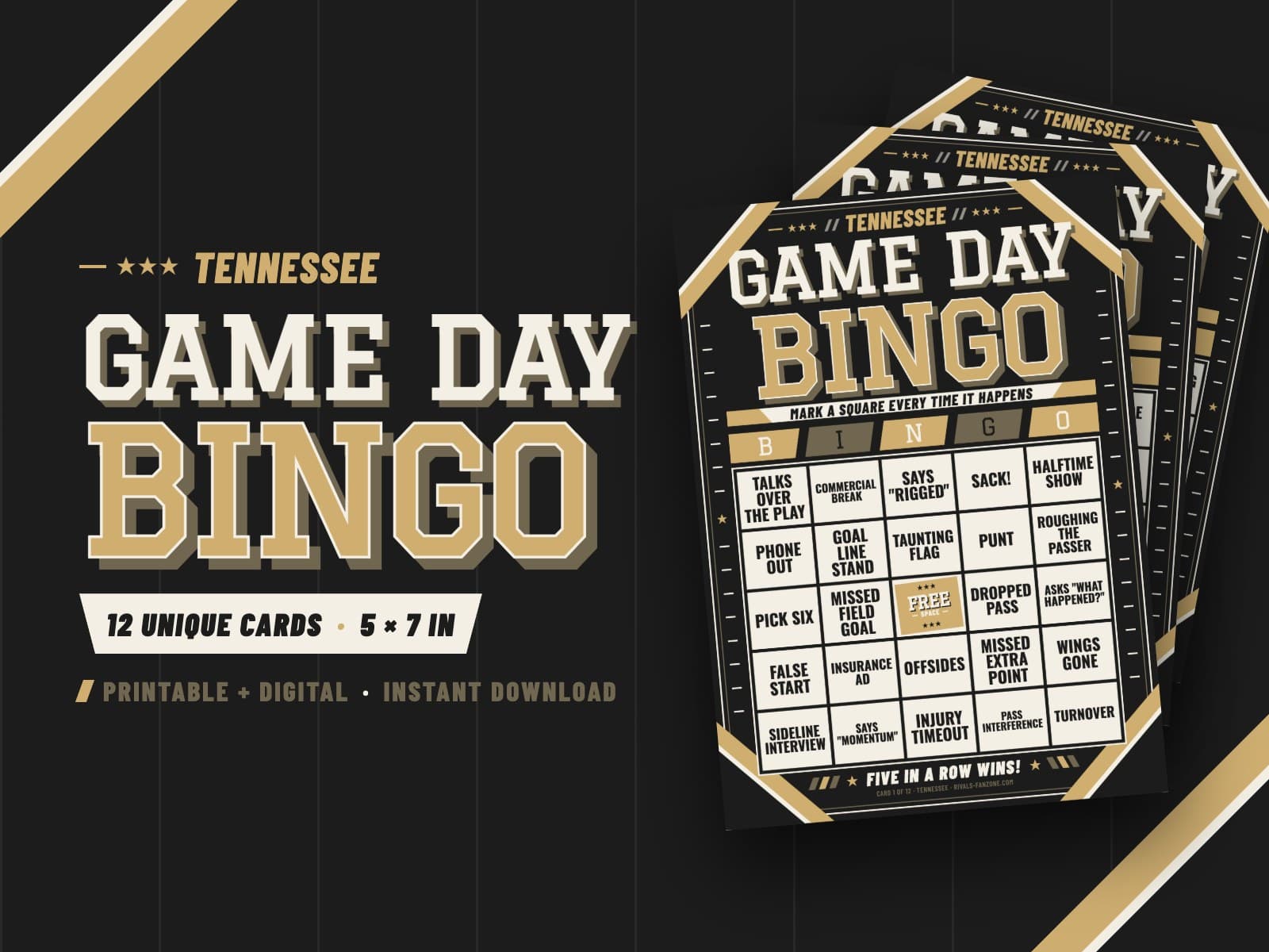 Tennessee Football Bingo (Black & Gold) – 12 Card Pack — preview 1