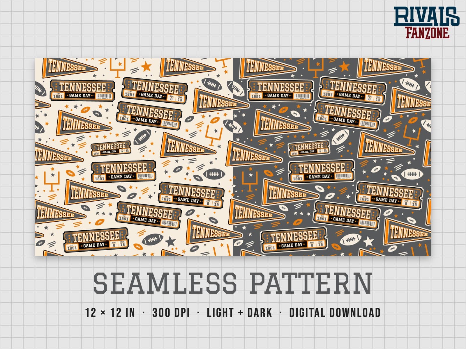 Tennessee Football Seamless Pattern (Orange & White) – 12x12 Digital Paper, Light & Dark — preview 1