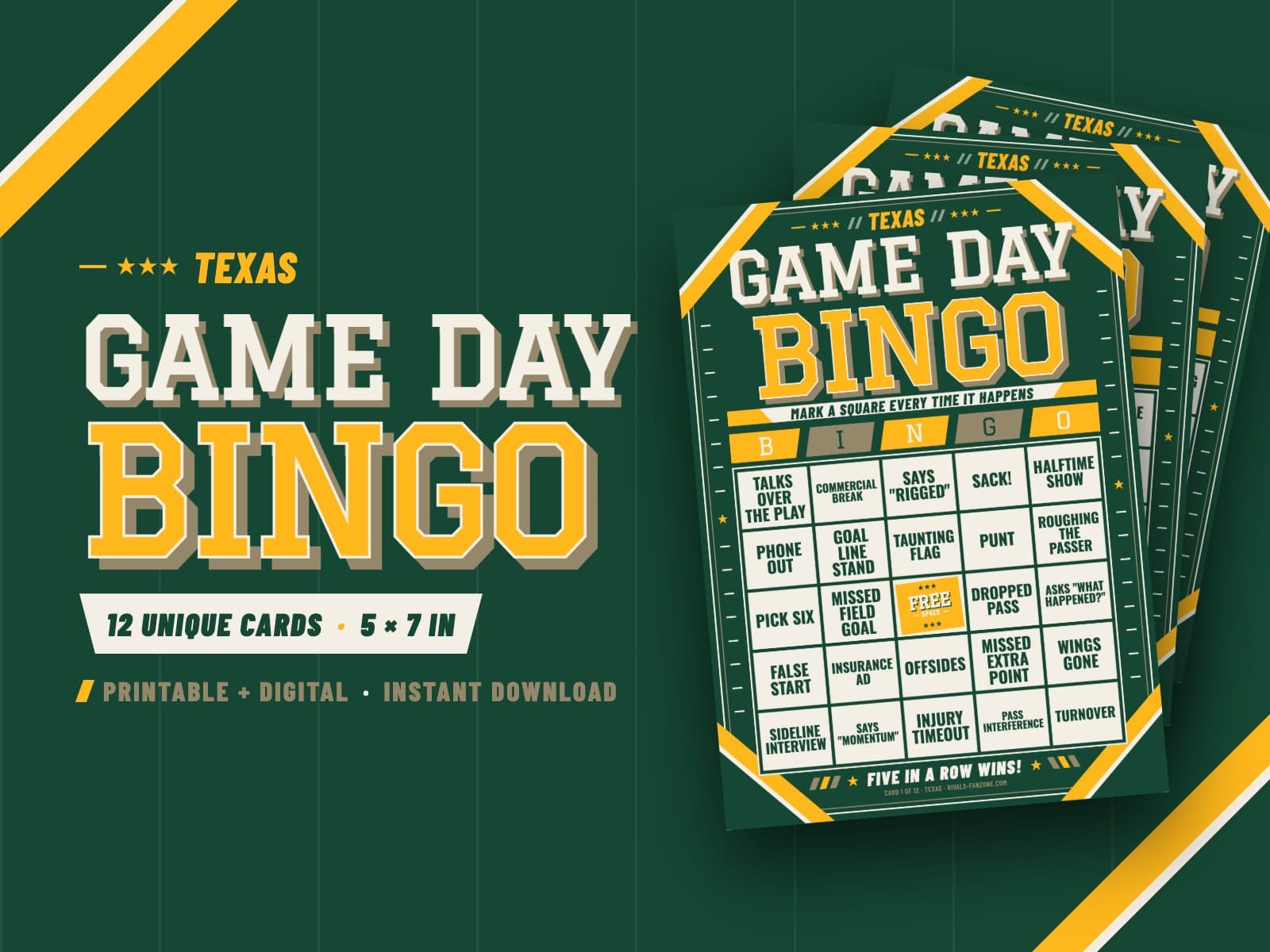 Texas Football Bingo (Green & Gold) – 12 Card Pack — preview 1