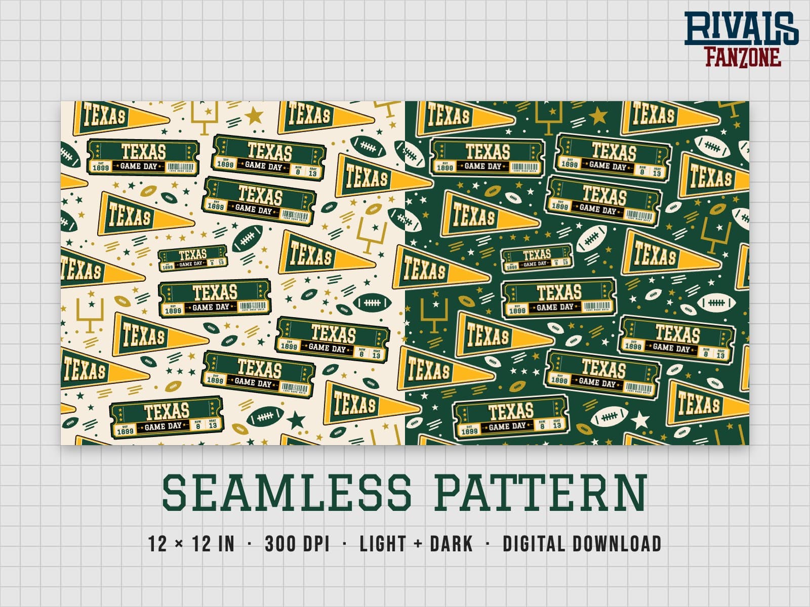 Texas Football Seamless Pattern (Green & Gold) – 12x12 Digital Paper, Light & Dark — preview 1