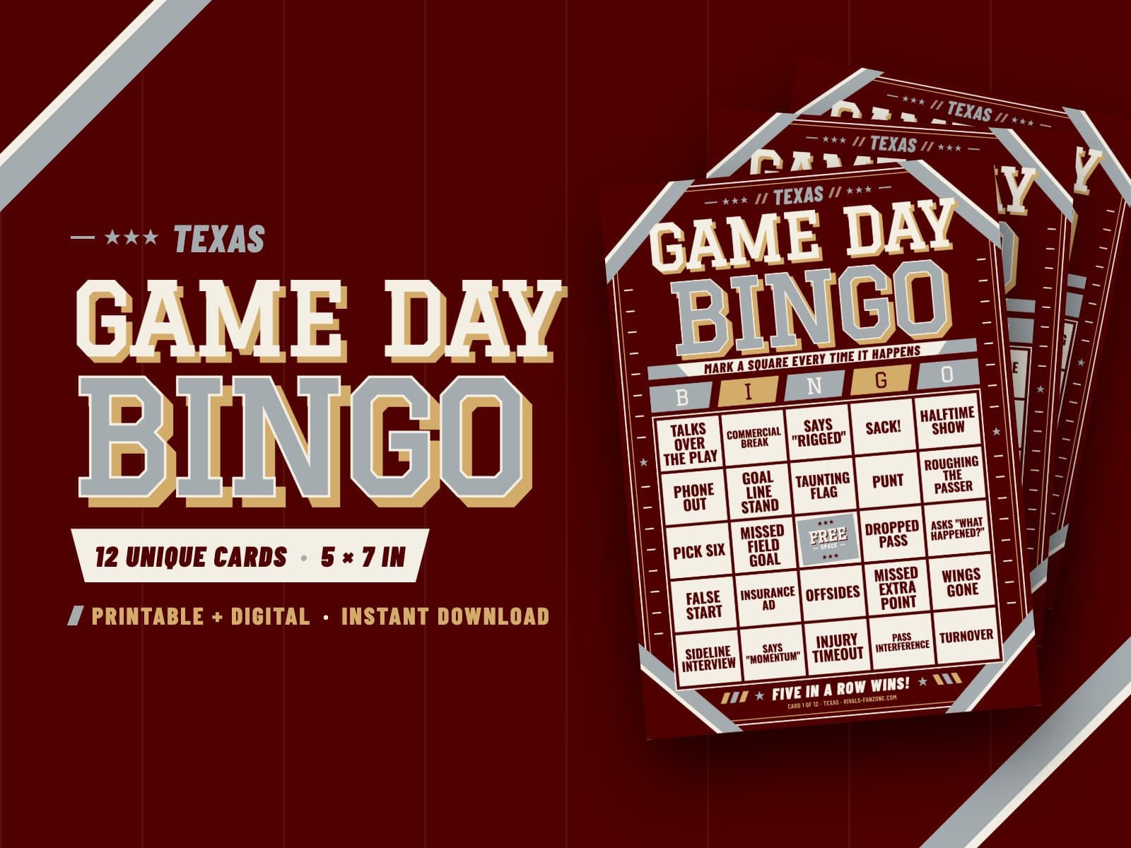 Texas Football Bingo (Maroon & White) – 12 Card Pack — preview 1