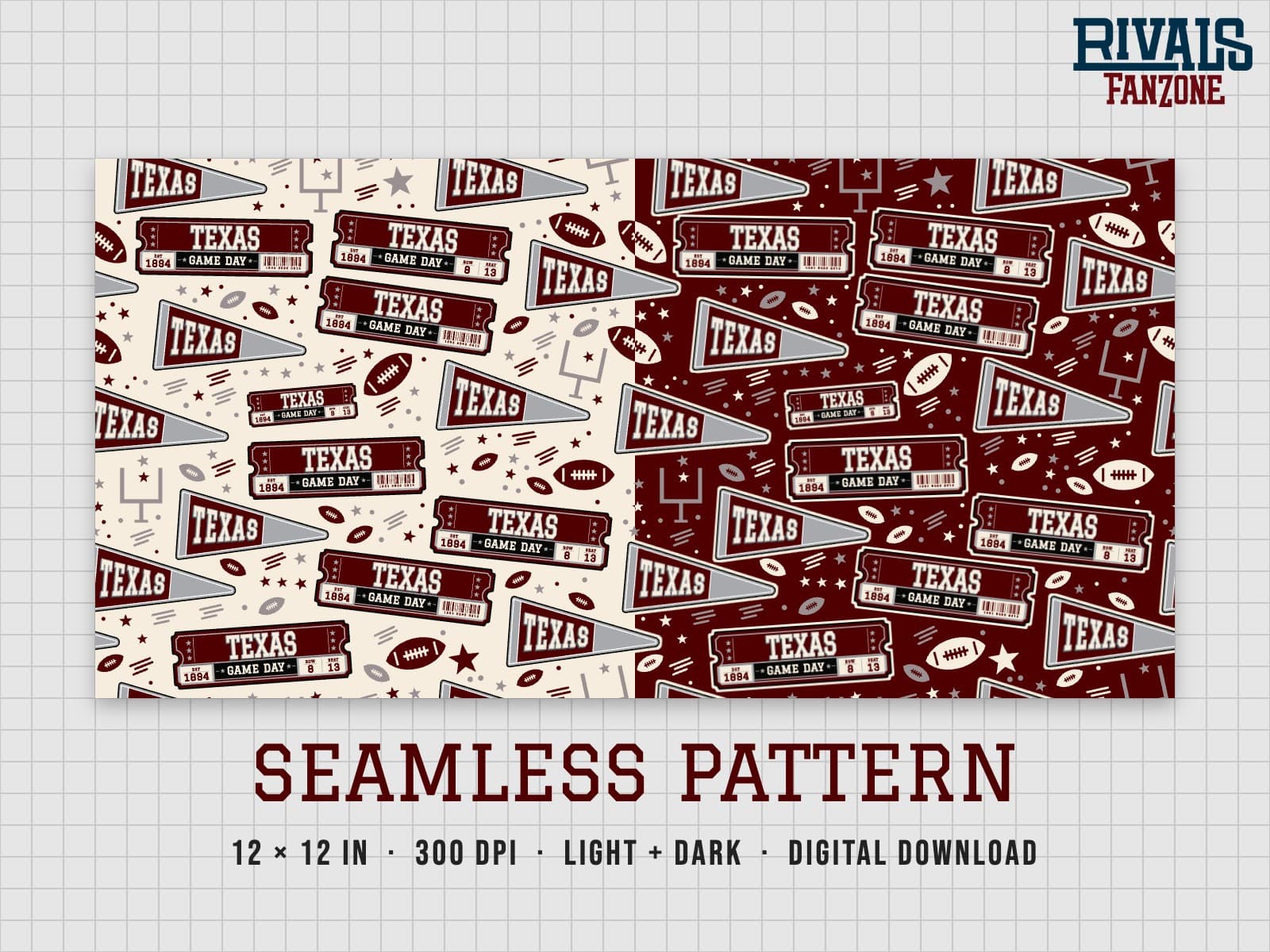 Texas Football Seamless Pattern (Maroon & White) – 12x12 Digital Paper, Light & Dark — preview 1