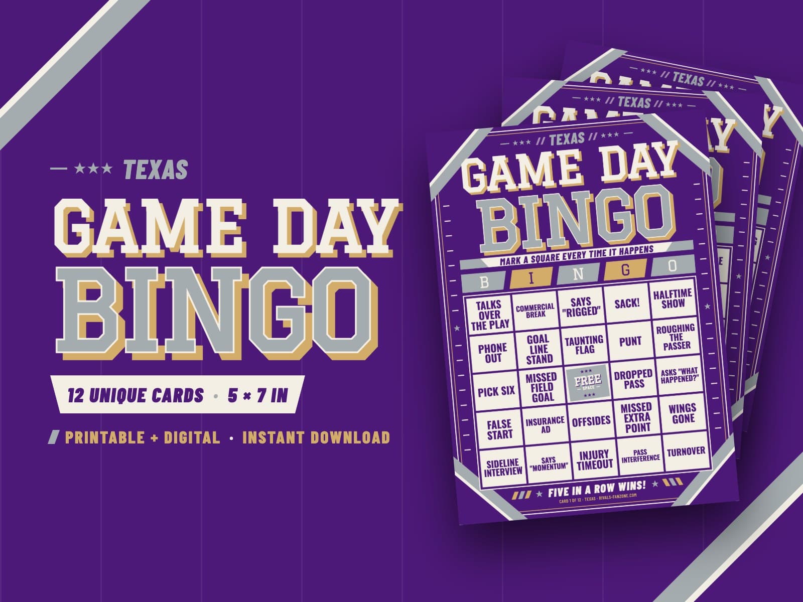 Texas Football Bingo (Purple & Silver) – 12 Card Pack — preview 1