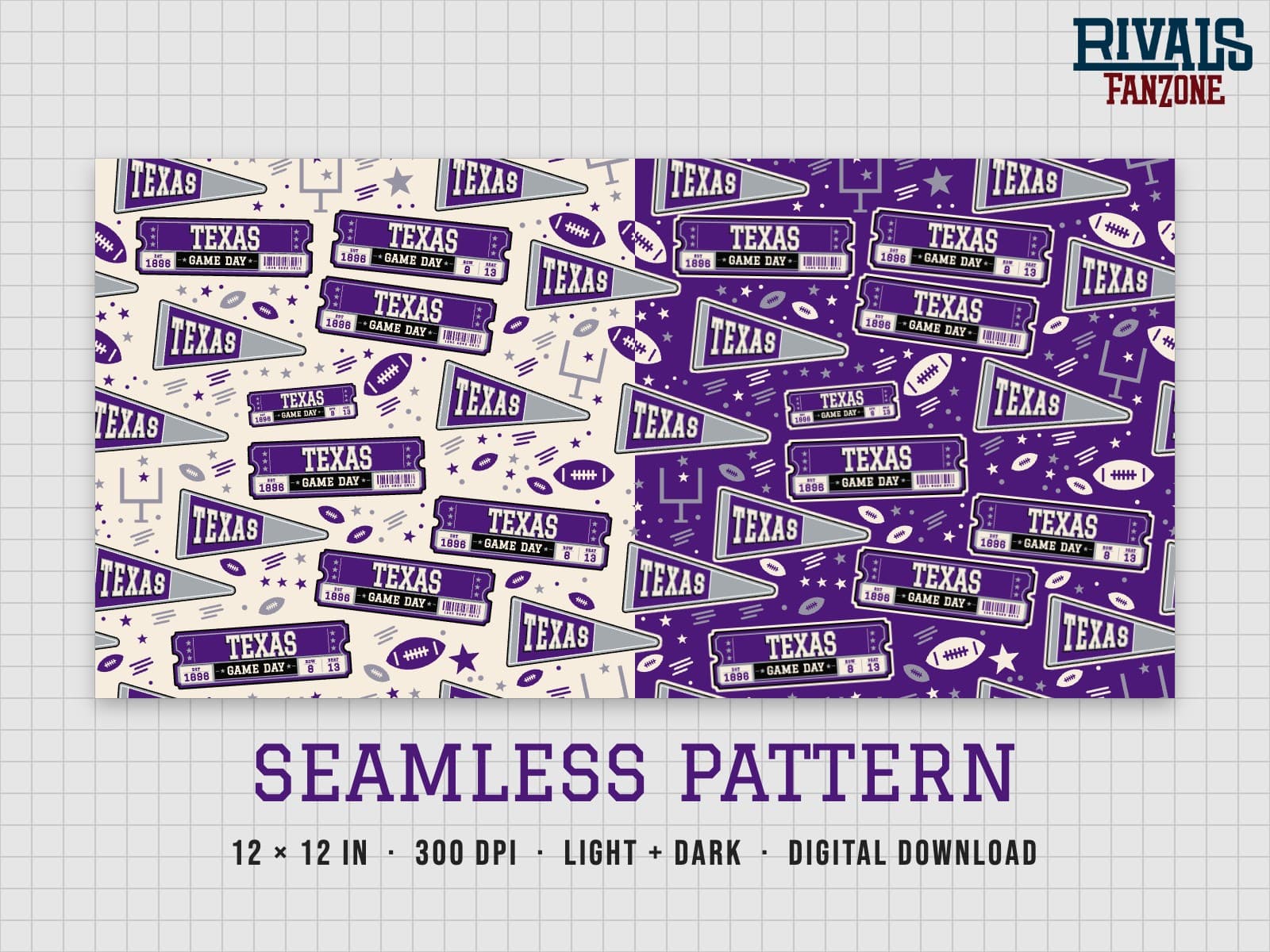 Texas Football Seamless Pattern (Purple & Silver) – 12x12 Digital Paper, Light & Dark — preview 1