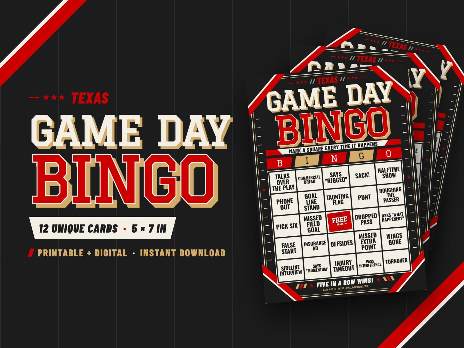 Texas Football Bingo (Red & Black) – 12 Card Pack — preview 1