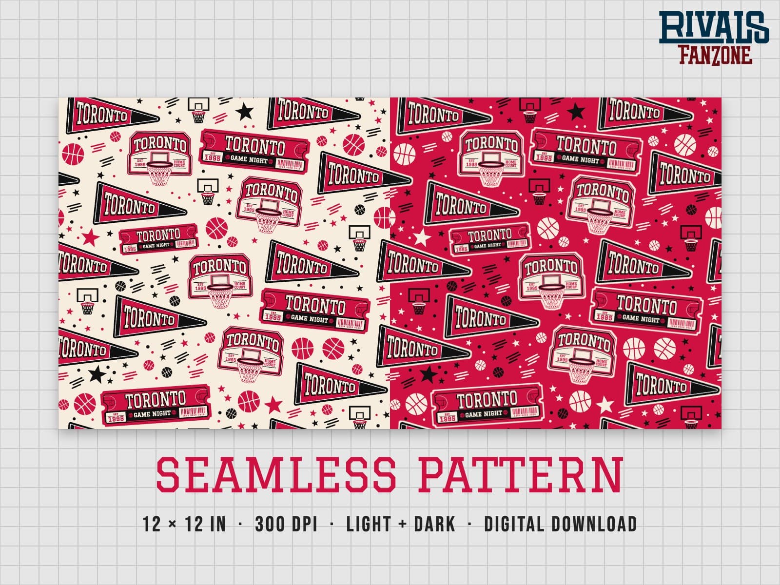 Toronto Basketball Seamless Pattern – 12x12 Digital Paper, Light & Dark — preview 1