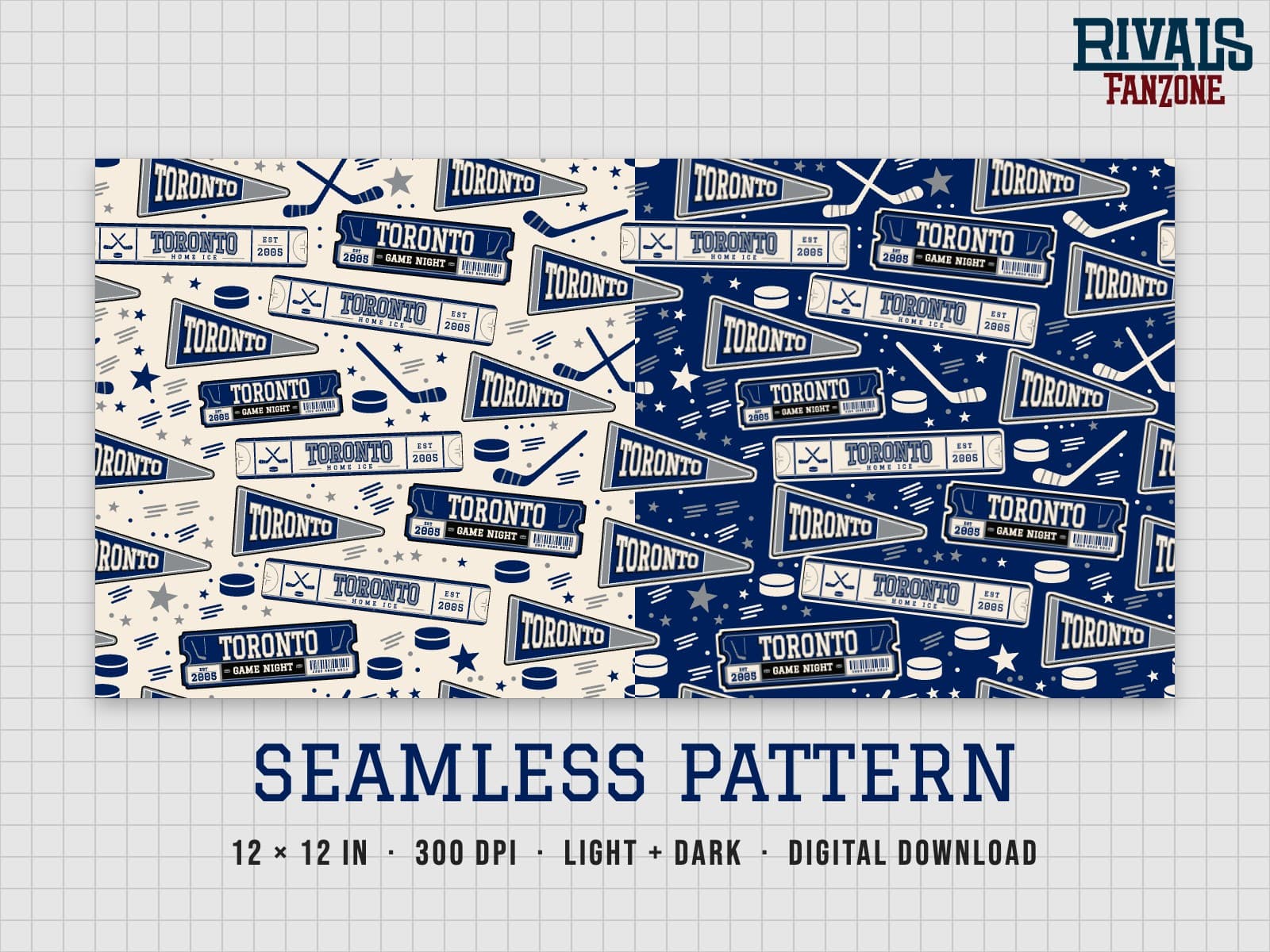 Toronto Farm Team Hockey Seamless Pattern (Blue & Silver) – 12x12 Digital Paper, Light & Dark — preview 1